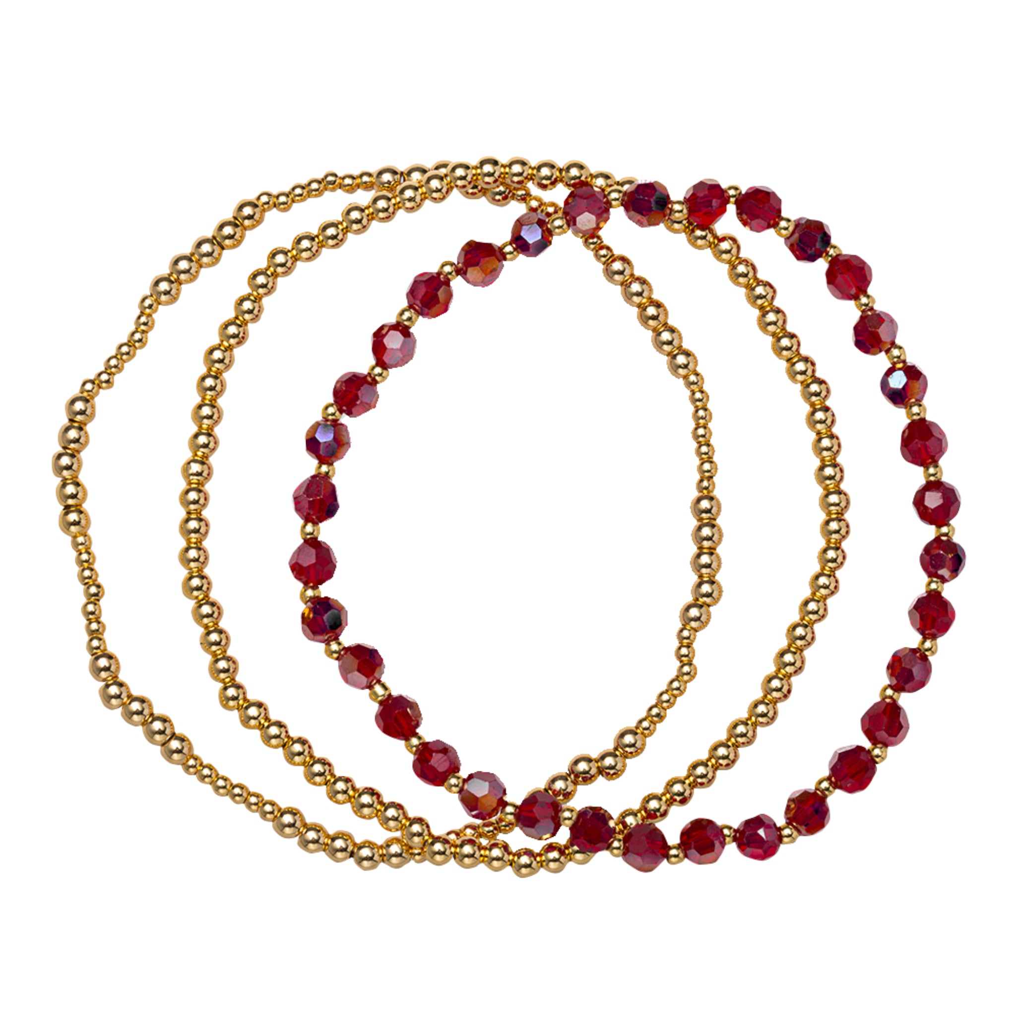 18K Gold Plated Set of 3, January Garnet Beaded Stretch Bracelet