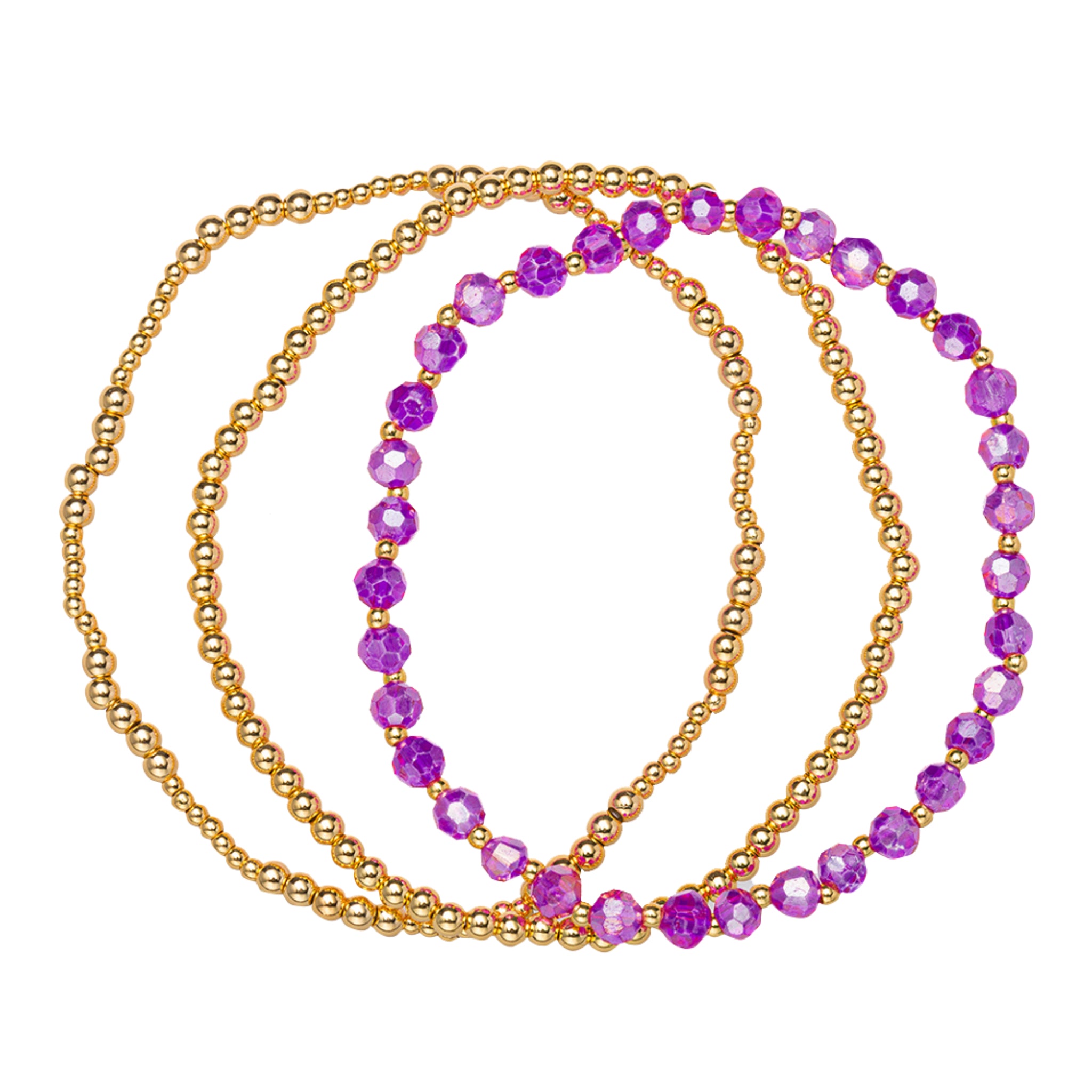 18K Gold Plated Set of 3, February Amethyst Beaded Stretch Bracelet