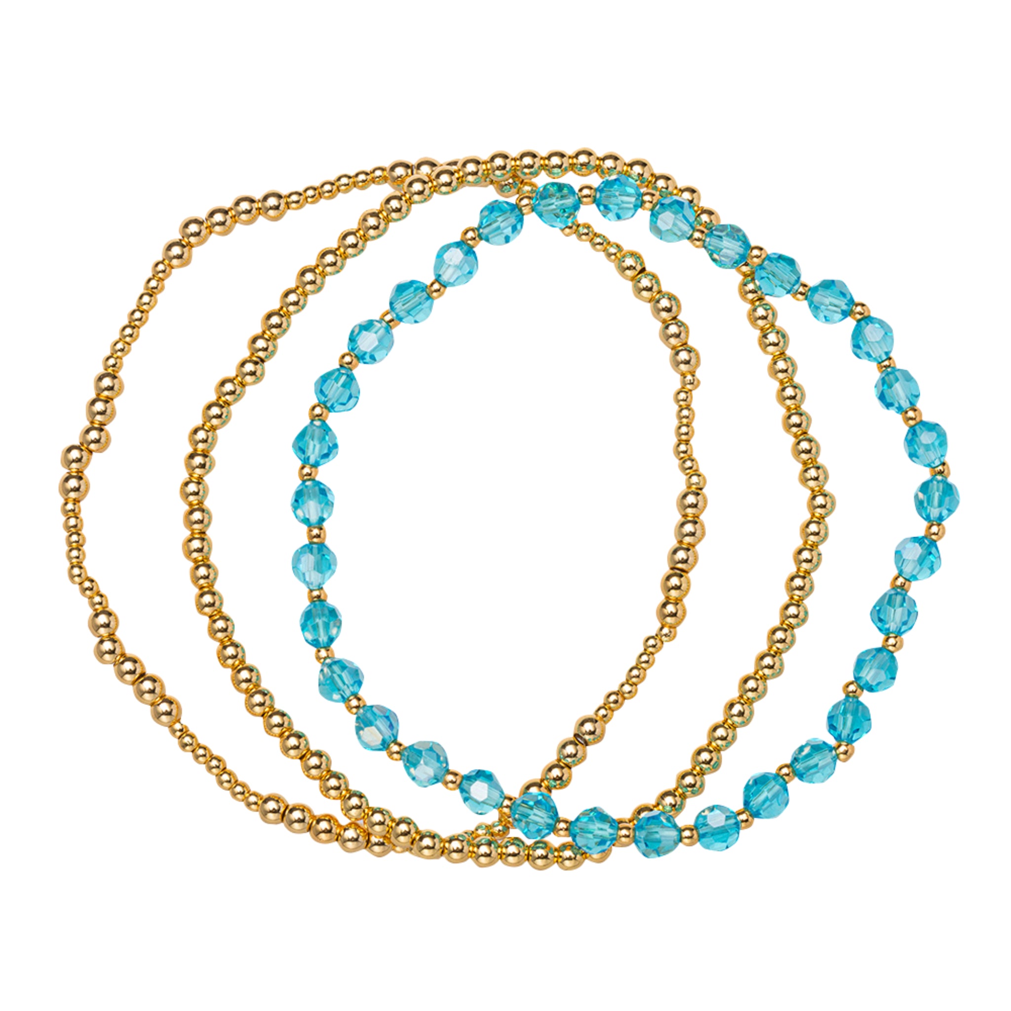 18K Gold Plated Set of 3, March Aquamarine Beaded Stretch Bracelet