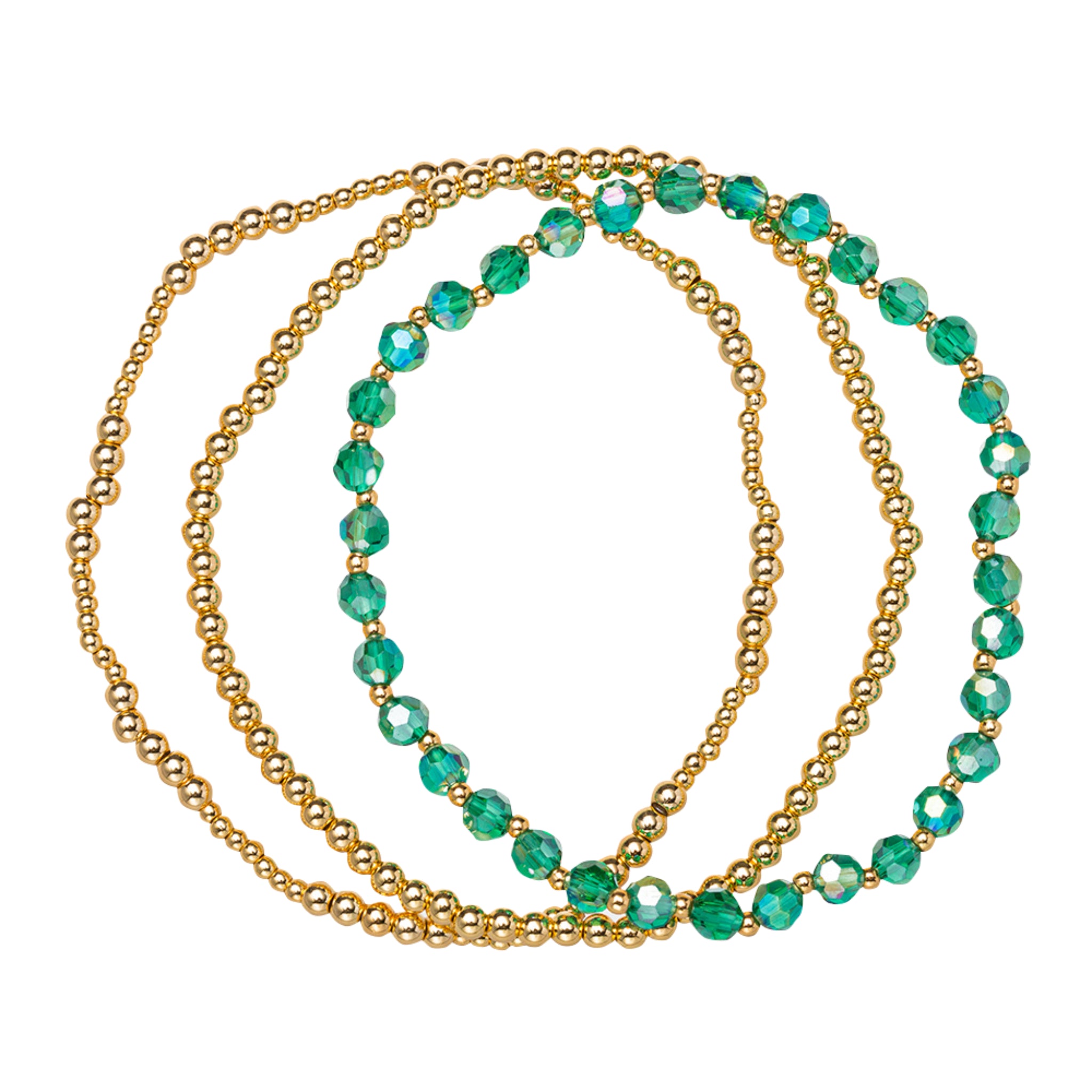 18K Gold Plated Set of 3, May Emerald Beaded Stretch Bracelet