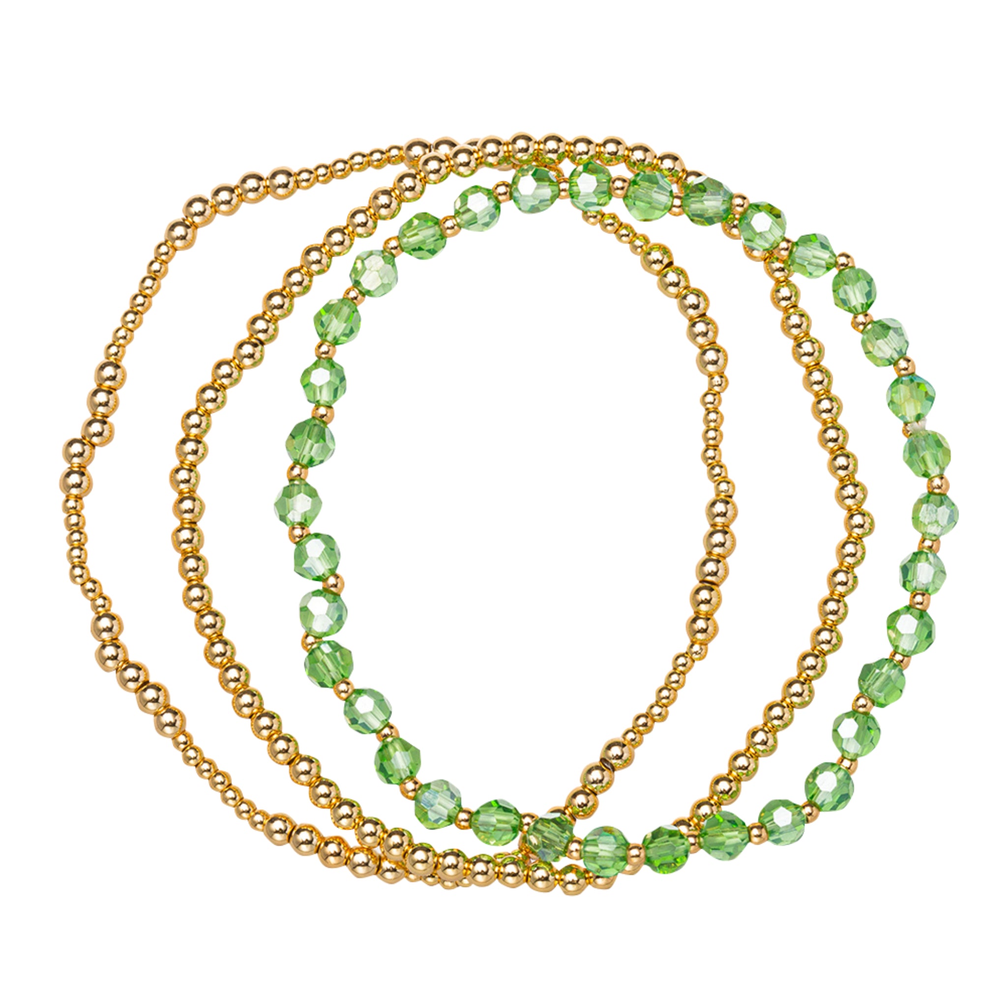 18K Gold Plated Set of 3, August Peridot Beaded Stretch Bracelet