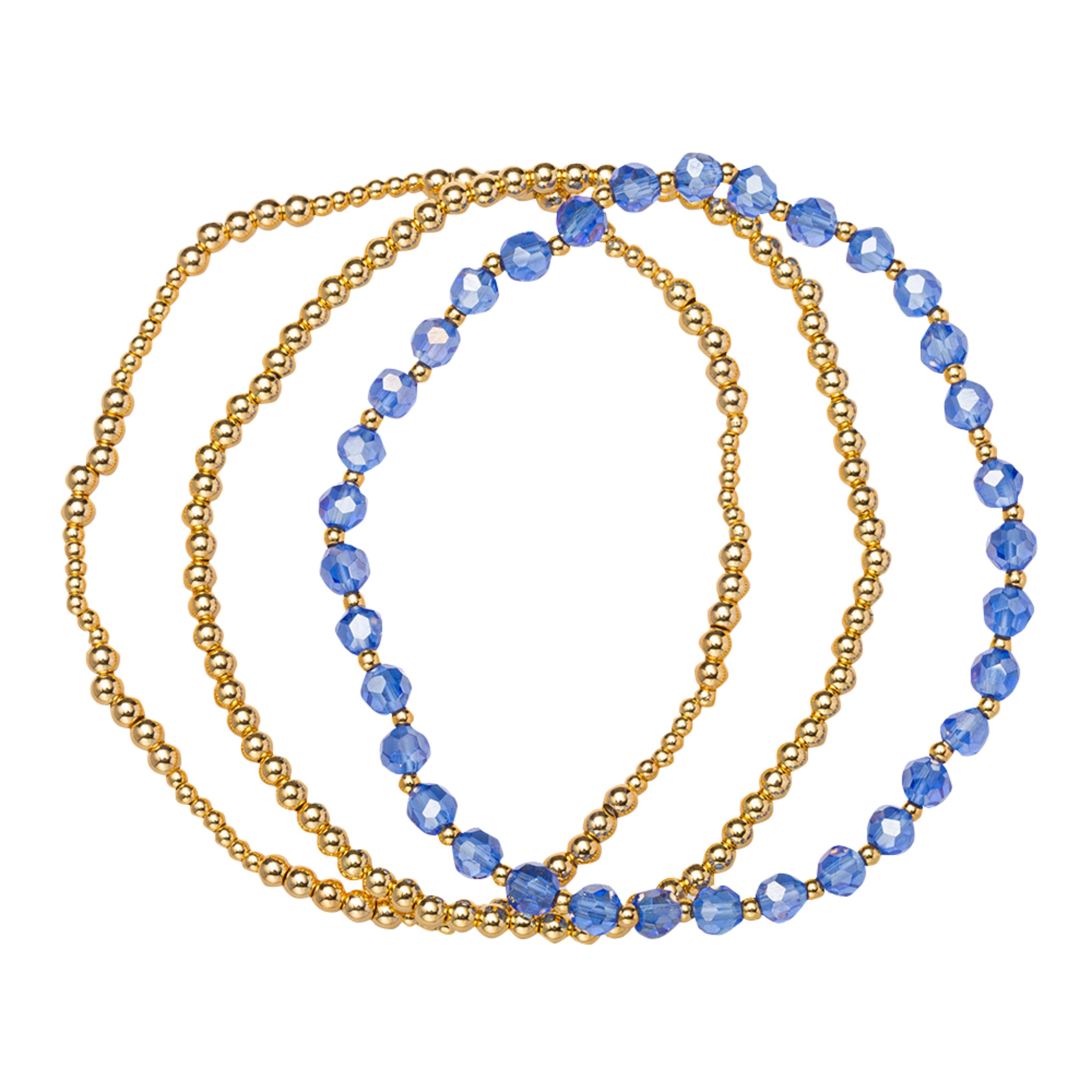 18K Gold Plated Set of 3, September Sapphire Beaded Stretch Bracelet