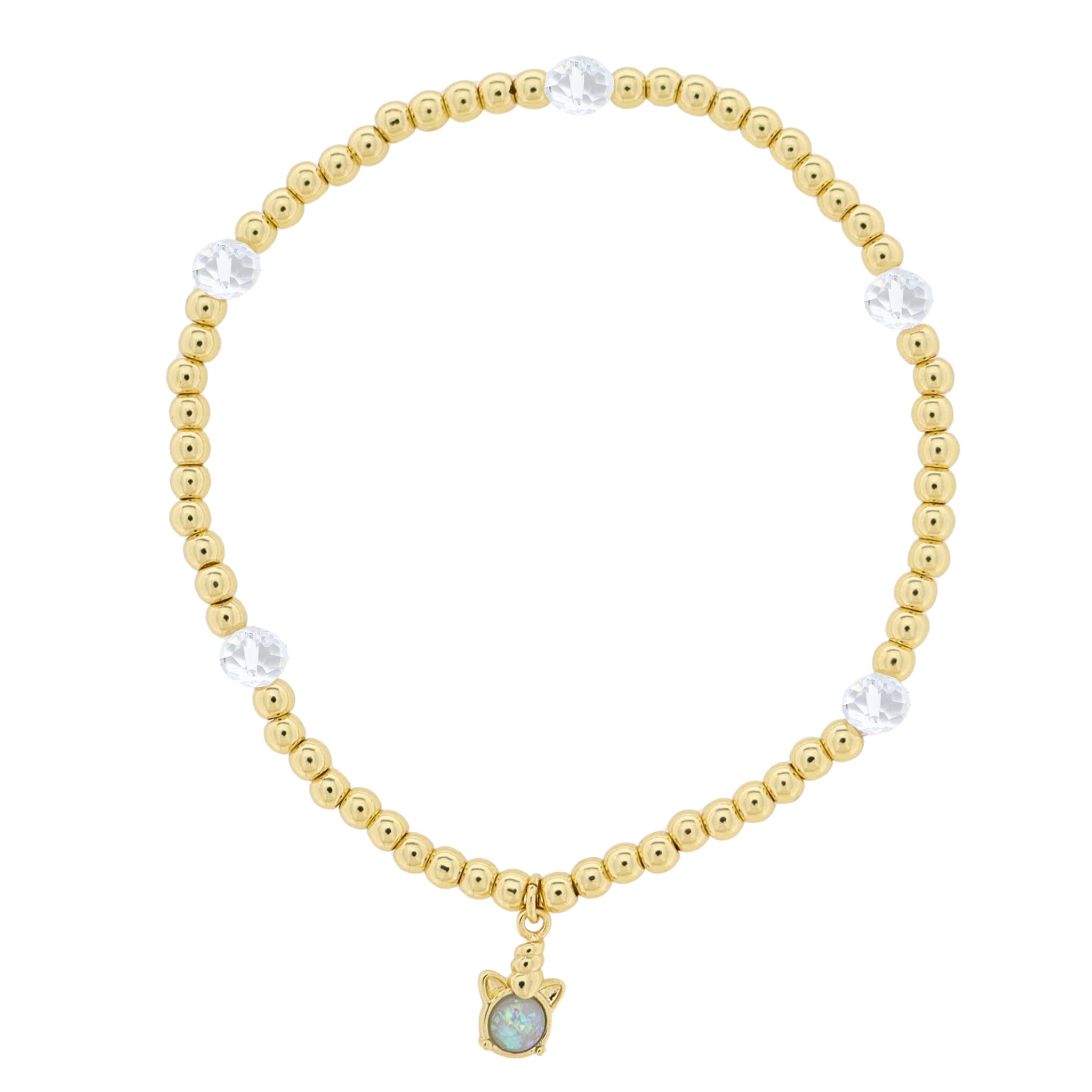 Kids 18K Gold Plated Gold & Clear Beaded Stretch Bracelet with Opal Unicorn