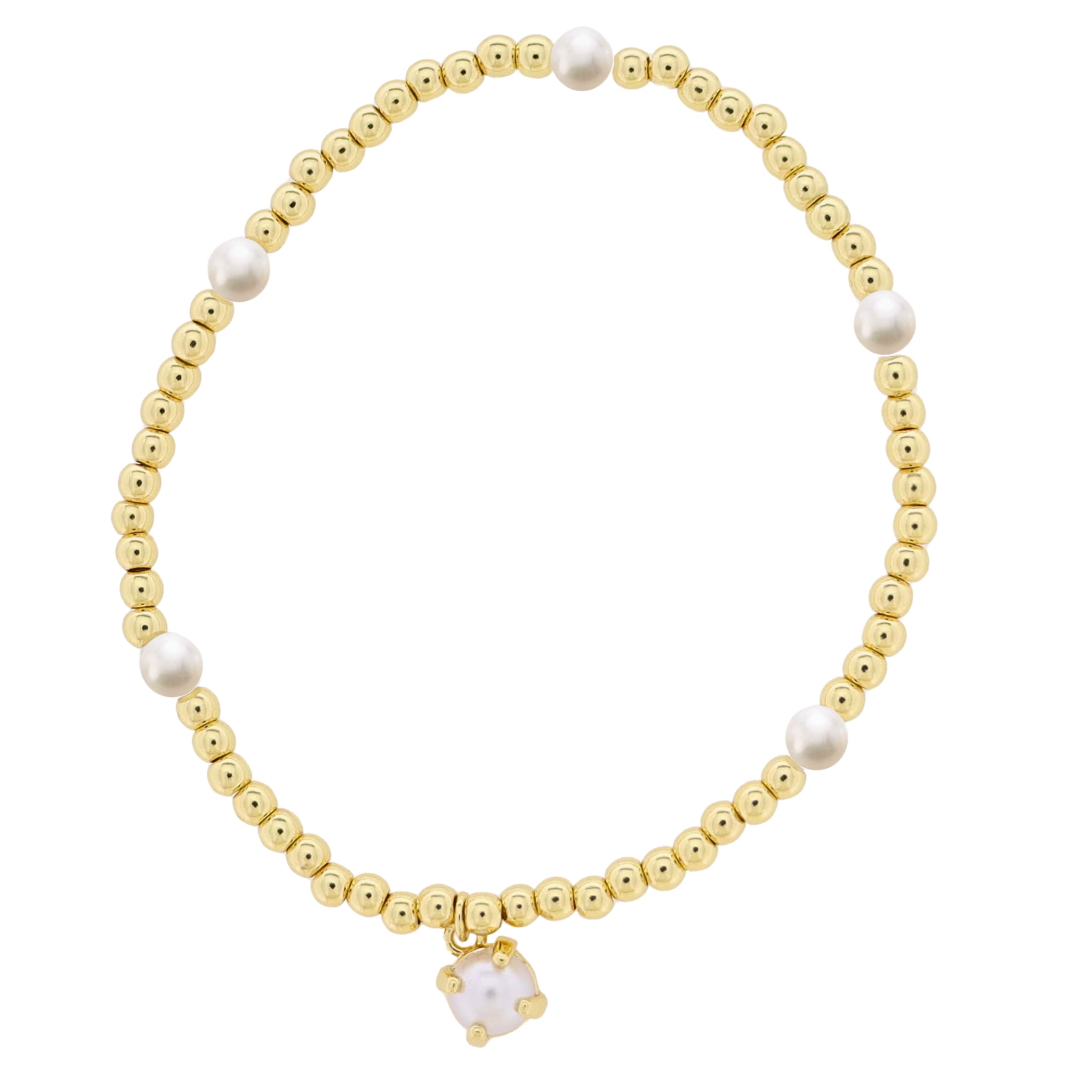 Kids 18K Gold Plated Gold & Pearl Beaded Stretch Bracelet with Pearl Cabachon