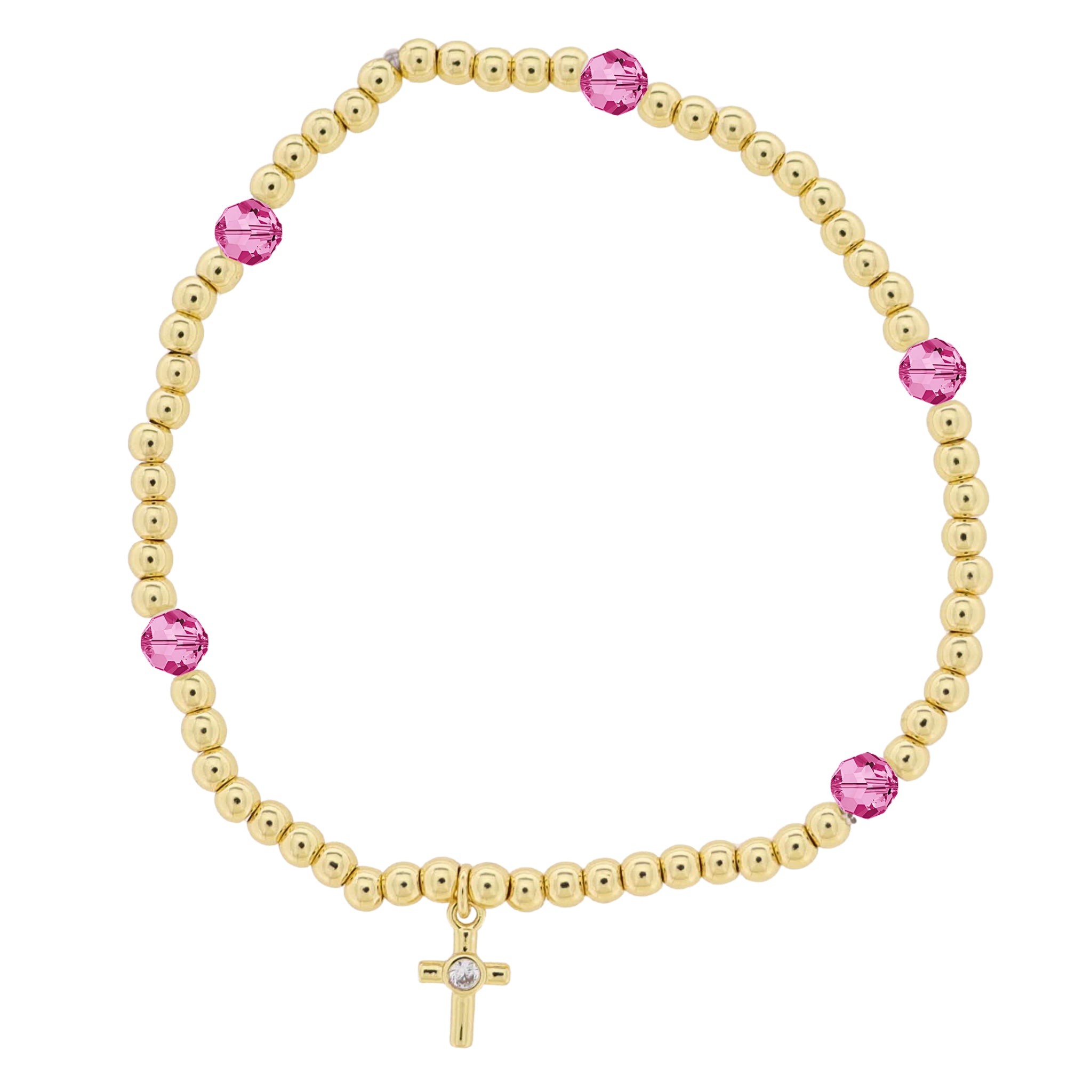Kids 18K Gold Plated Gold & Hot Pink Beaded Stretch Bracelet with Clear Center Gold Crystal Cross