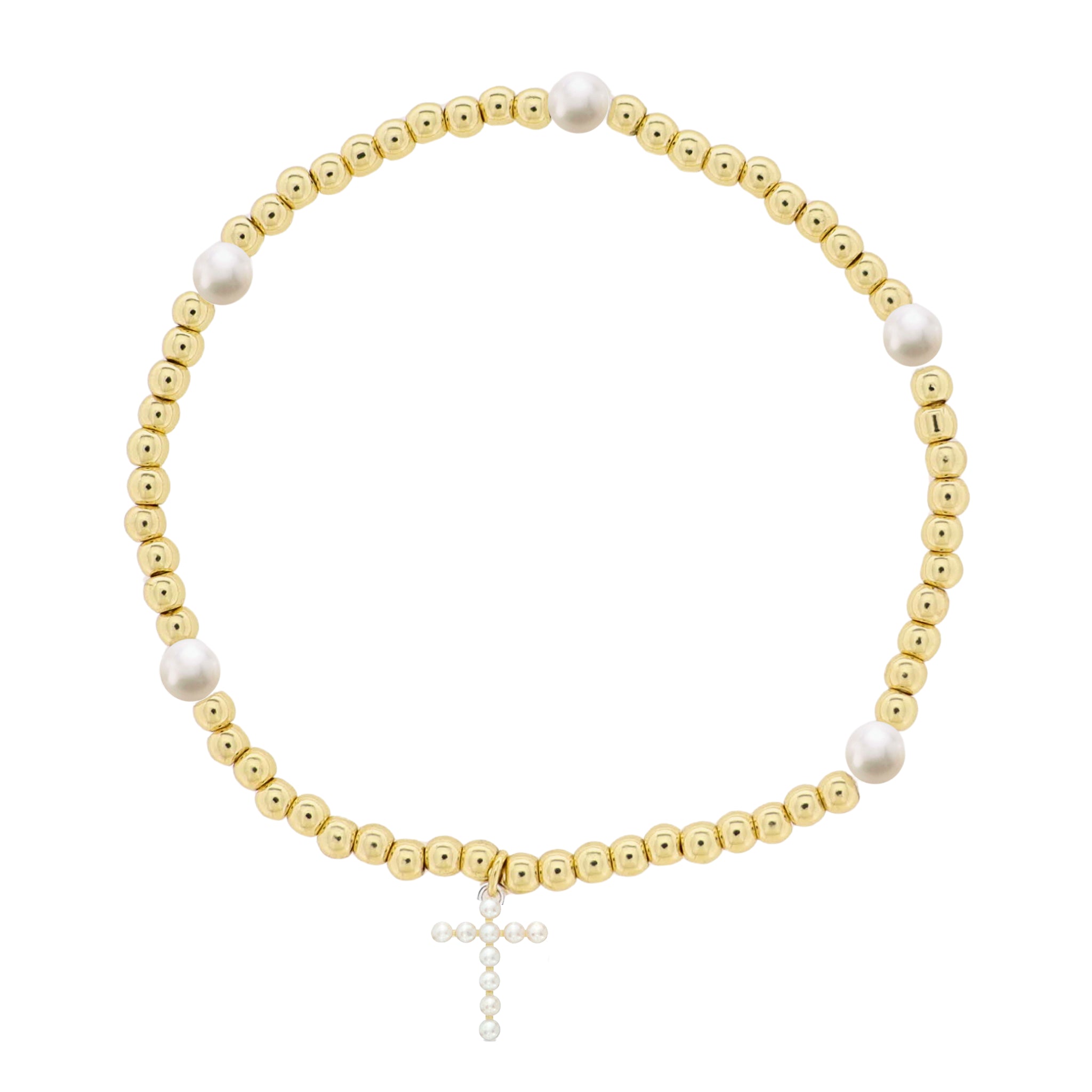 Kids 18K Gold Plated Gold & Pearl Beaded Stretch Bracelet with Pearl Cross
