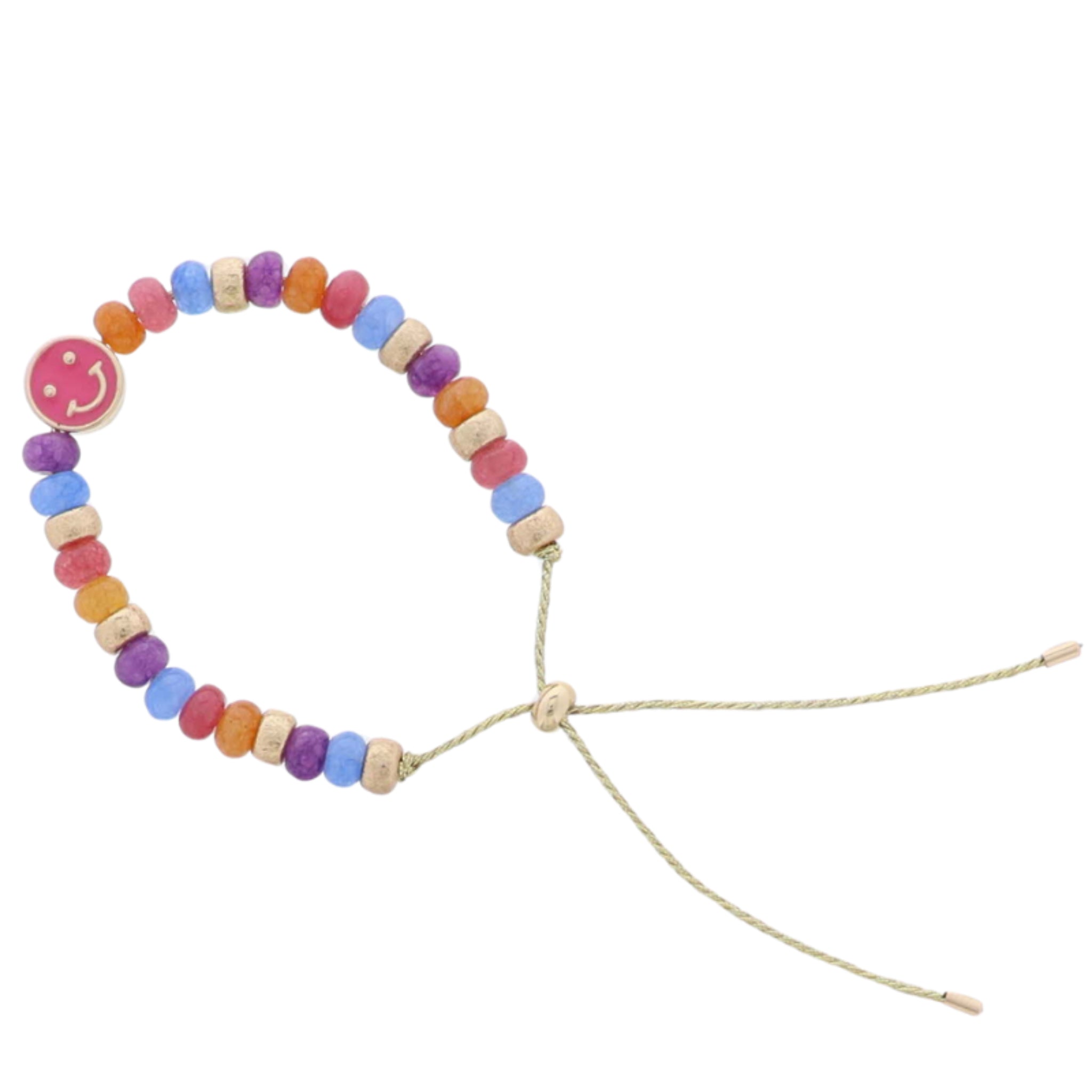 Kids Multi Semi Precious Beaded Bracelet with Pink Enamel Happy Face