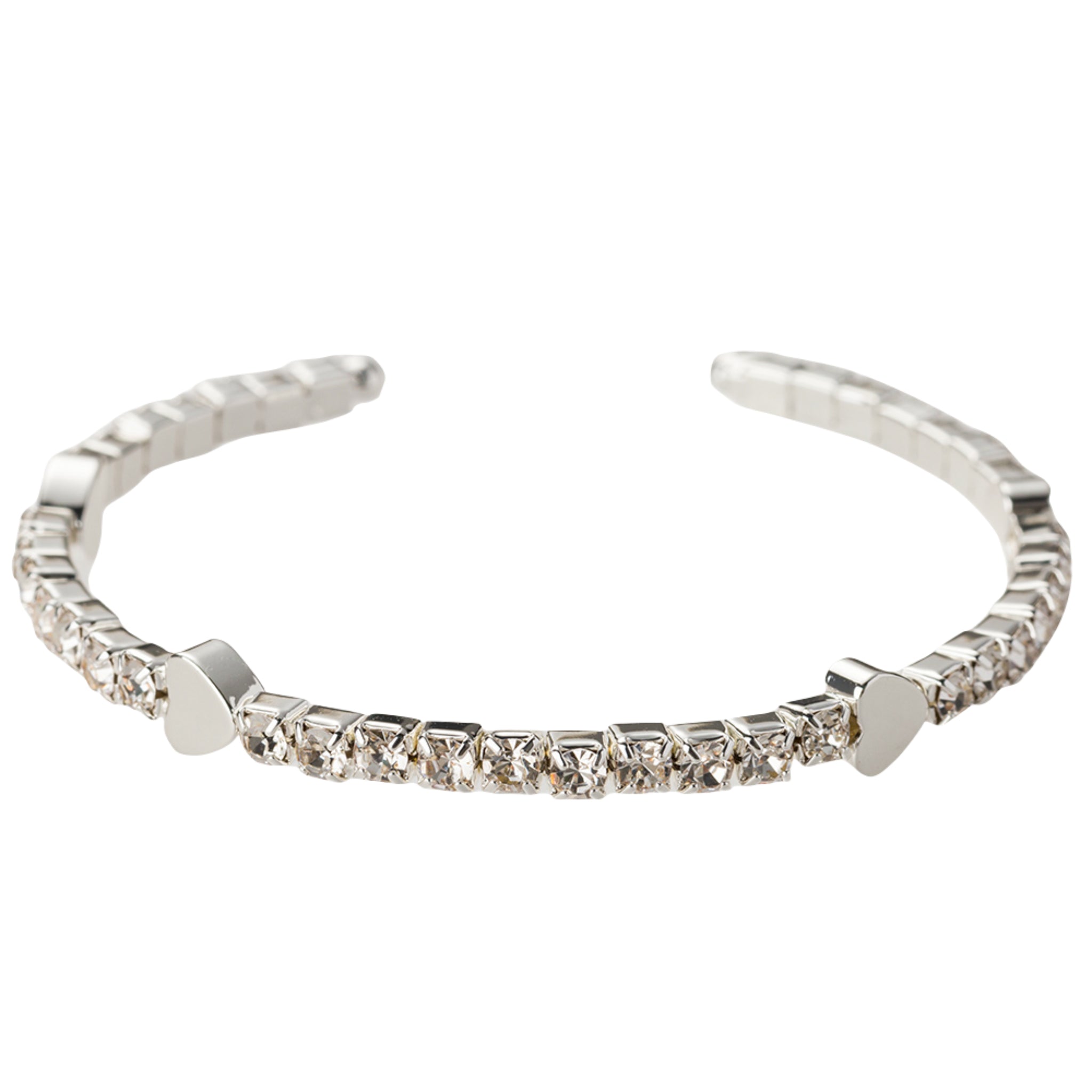 Silver, Clear Crystal Stretch Cuff Bracelet with Silver Hearts