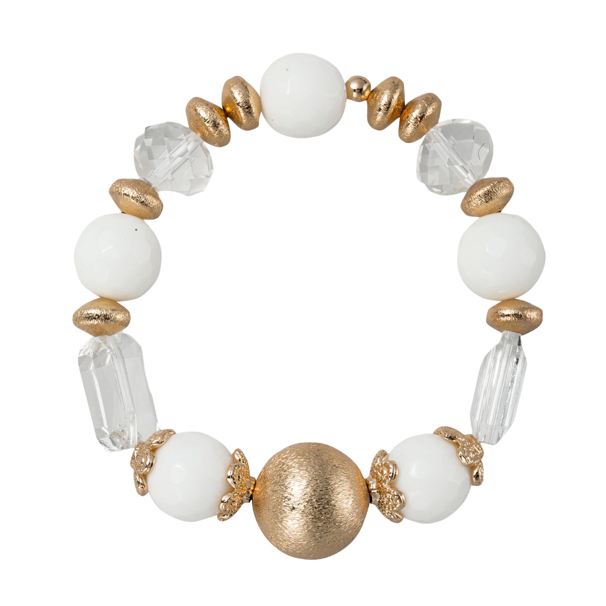 White Beaded Stretch Bracelet with Gold Ball, Clear Large Crystals, Decorative Spacers