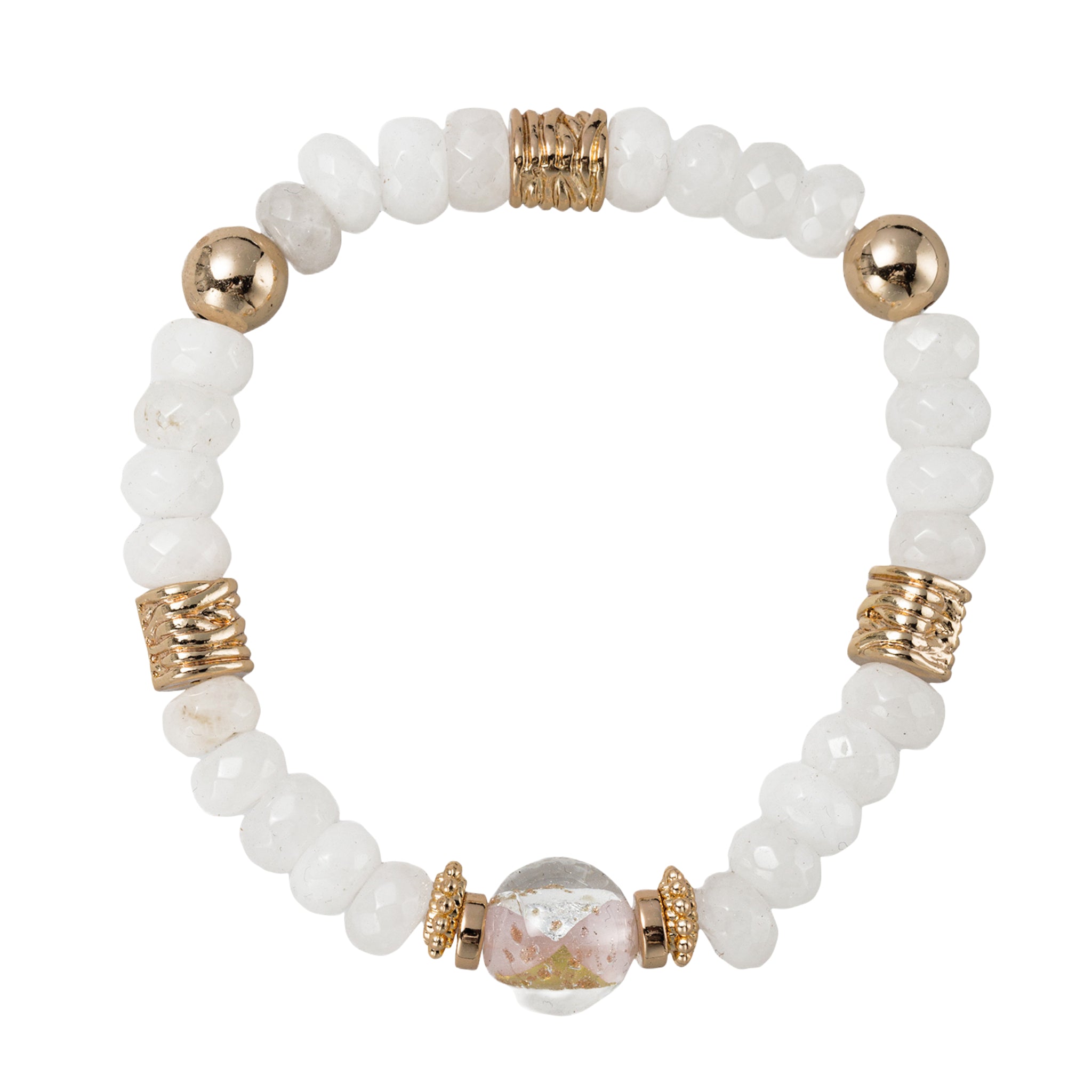 White Beaded Stretch Bracelet with Gold Foil Bead