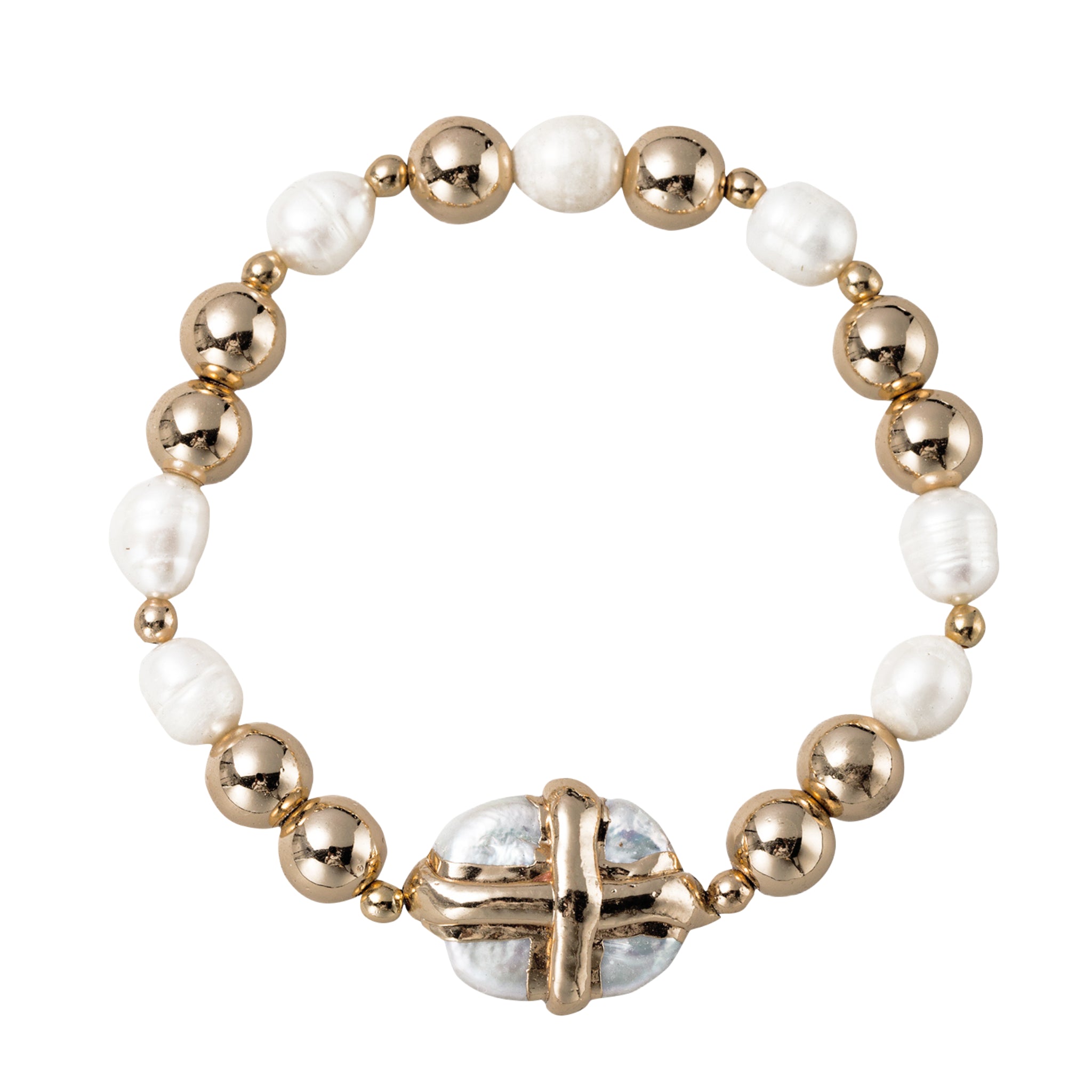 Beaded Stretch Bracelet with Pearl with Wrapped Gold Cross