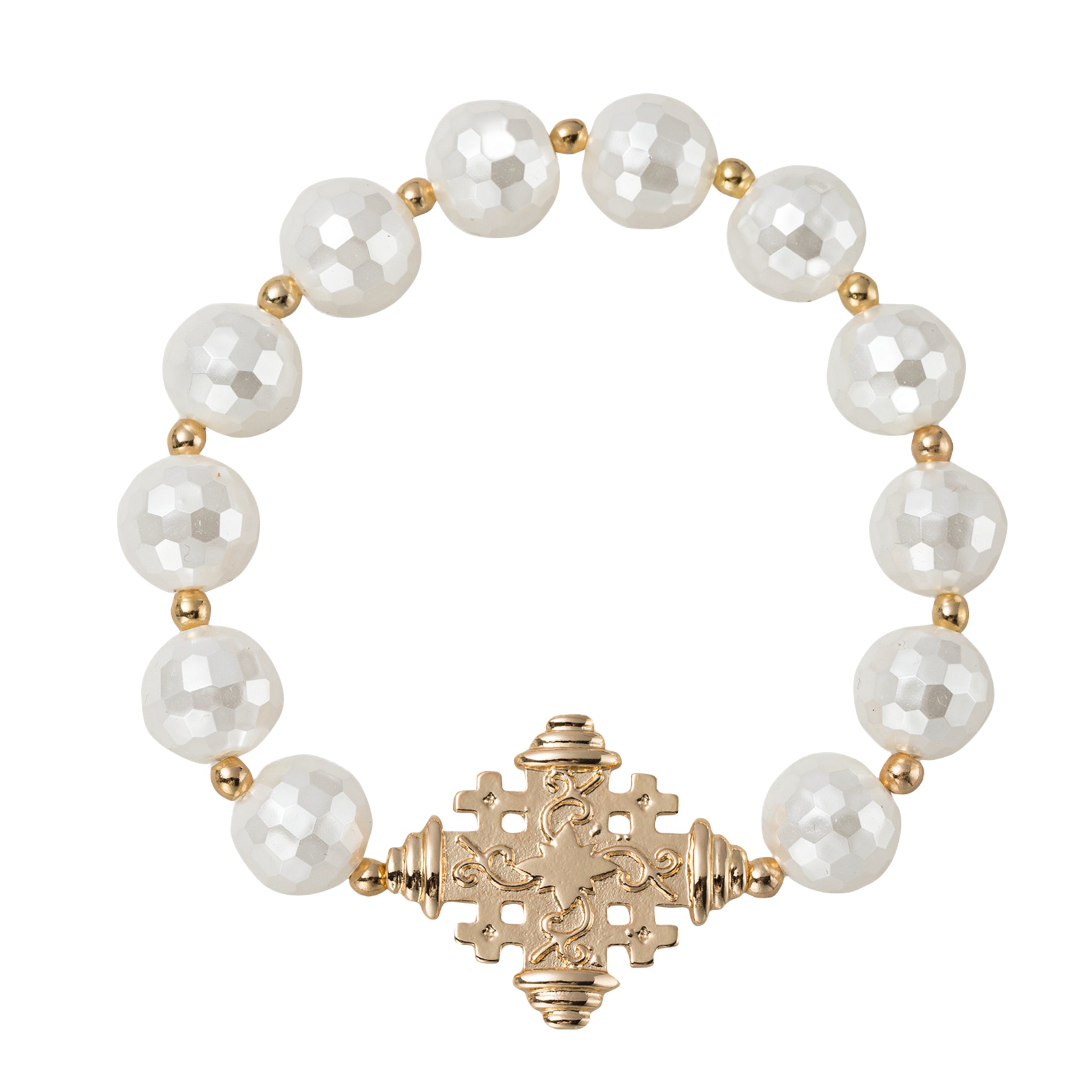White Faceted Beaded Stretch Bracelet with Gold Decorative Cross