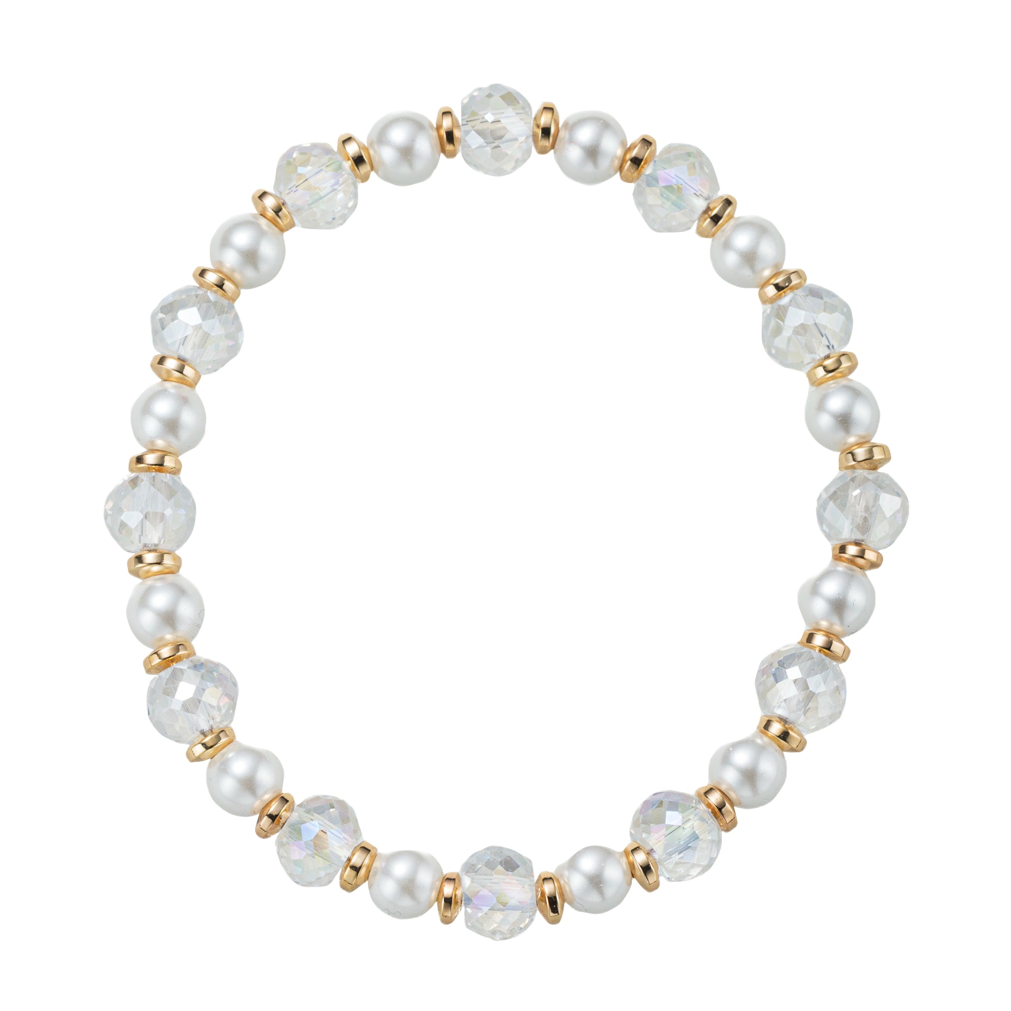 Clear, Pearl, Gold Faceted Beaded Stretch Bracelet