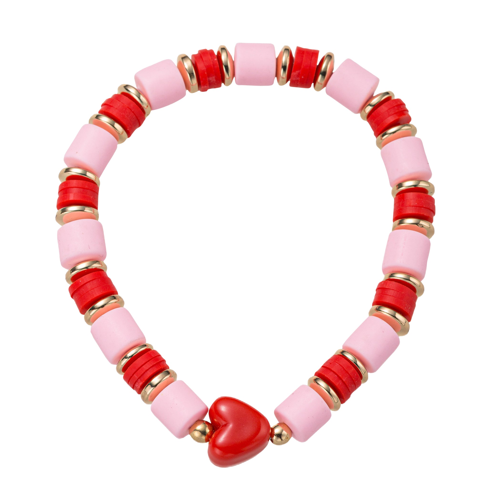 Red, Pink Rubber Beaded Stretch Bracelet with Red Heart