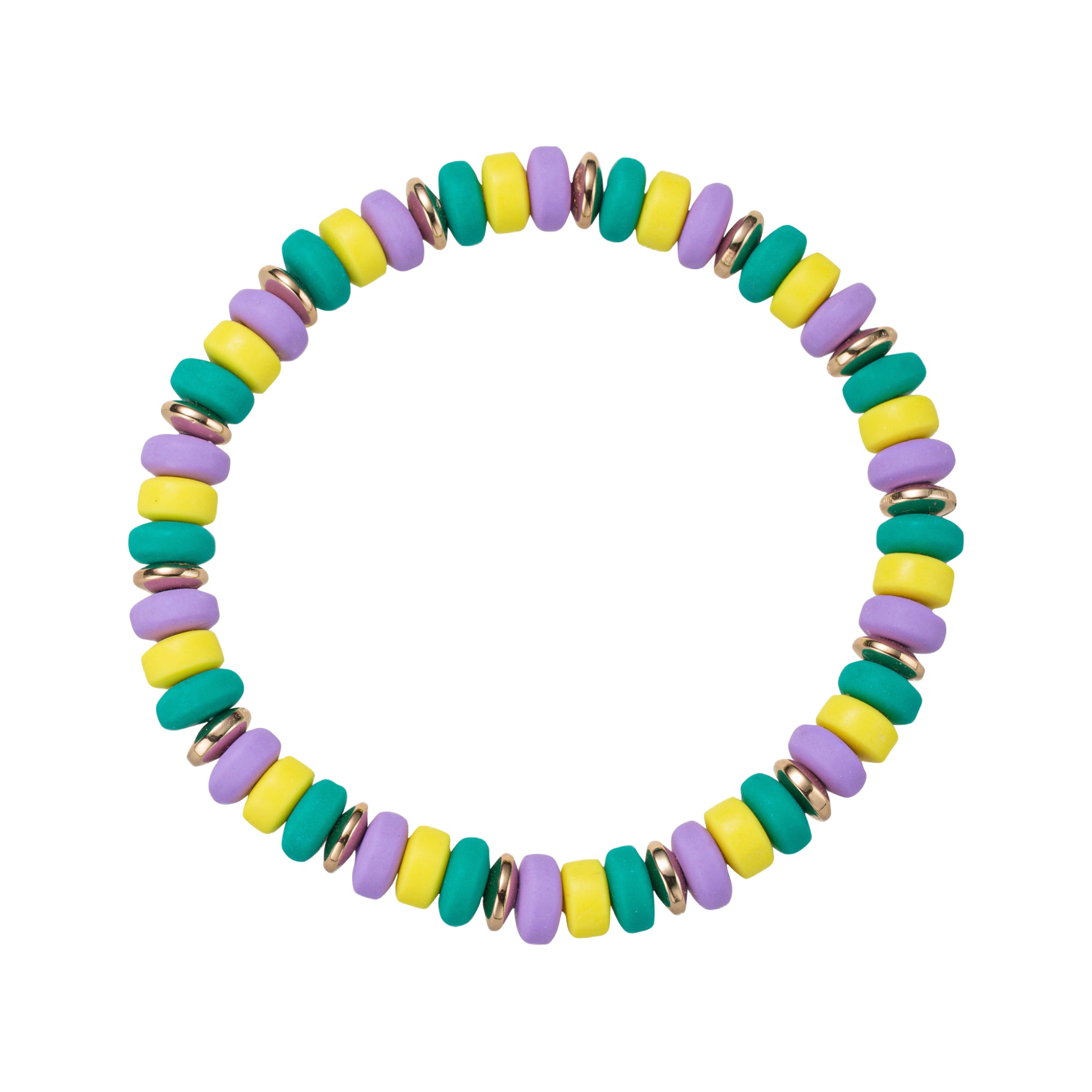 Yellow, Green, Light Purple, Gold Rubber Rondelle Beaded Stretch Bracelet with Gold Spacers