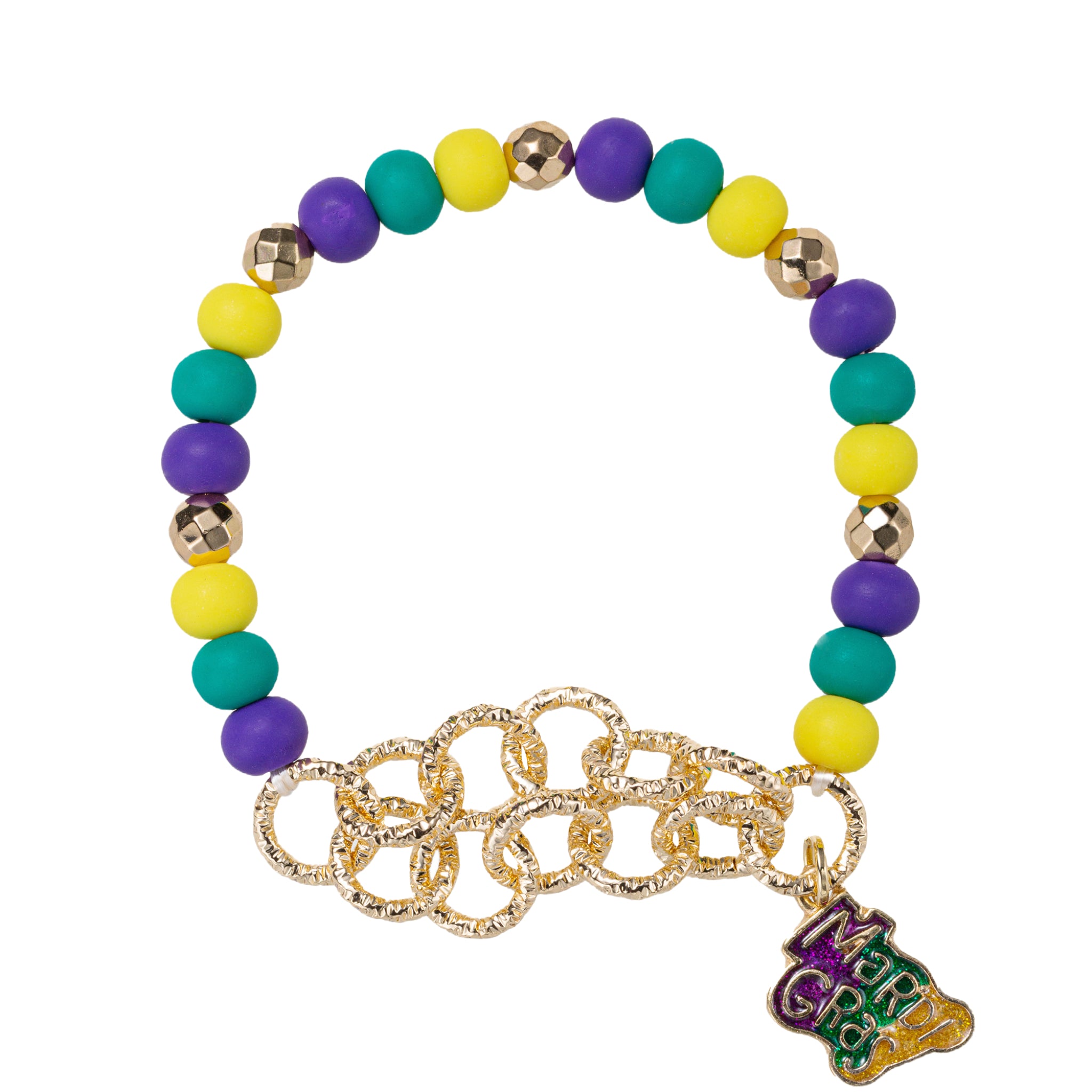 Purple, Green, Yellow Rubber Ball Beaded Bracelet with Gold Circle Chain & "Mardi Gras" Charm