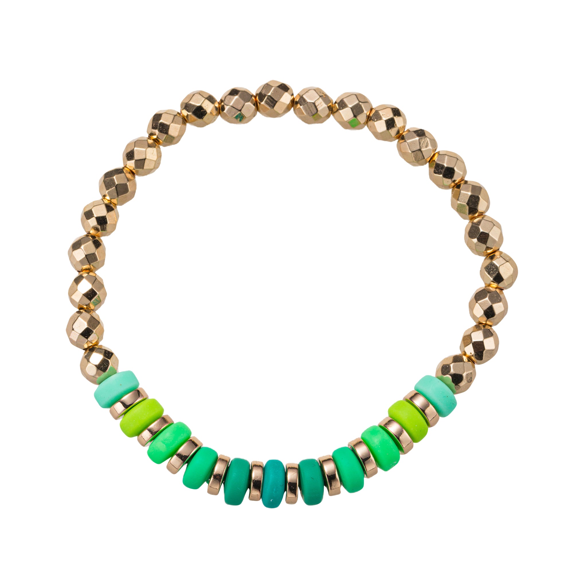 Lime, Green, Gold Rubber, Rondelle Beaded Stretch Bracelet