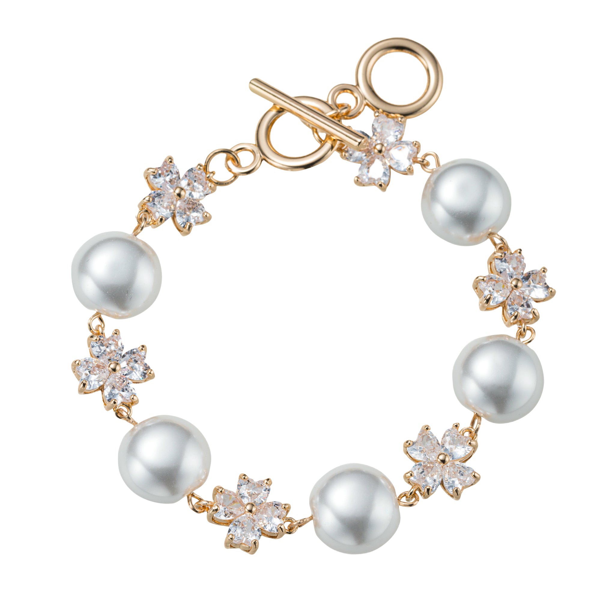 Clear, Pearl Flower Link Toggle Bracelet