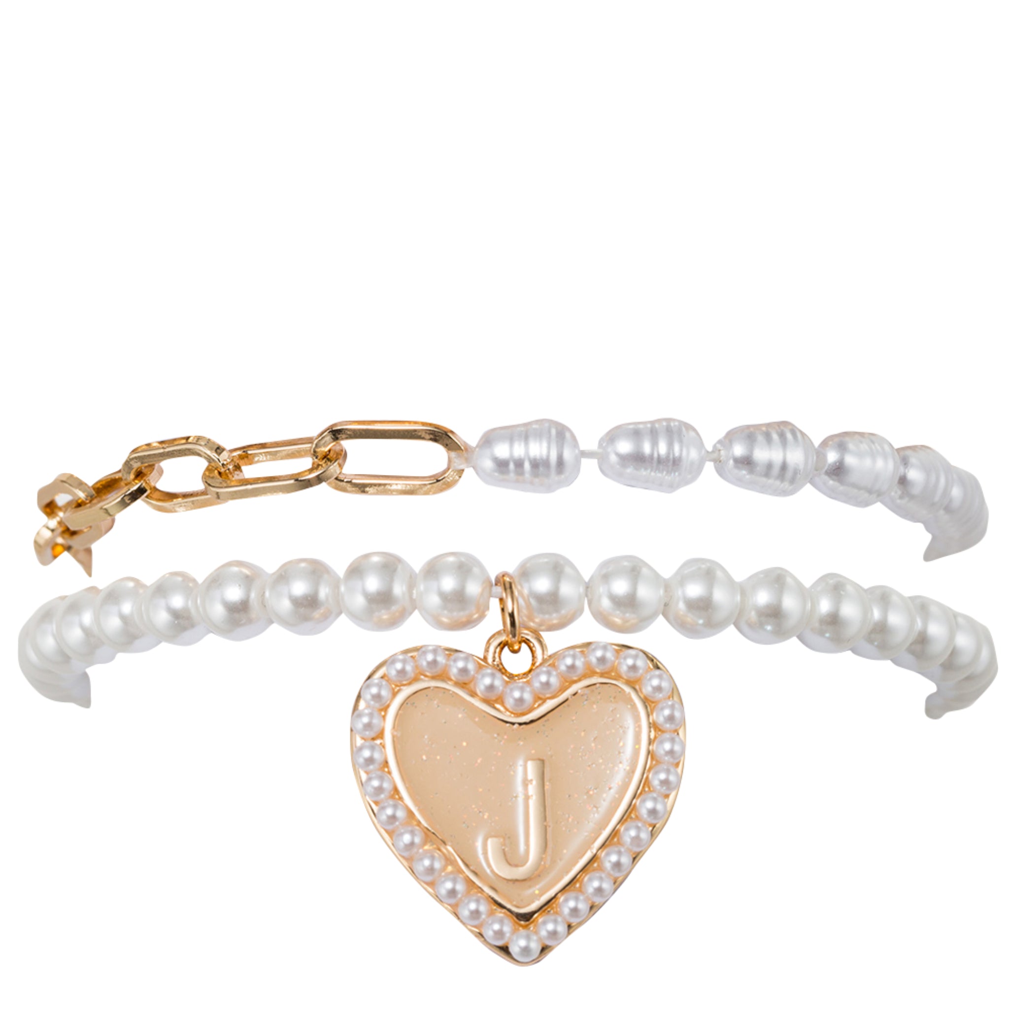 Kids Stretch Bracelet Set of 2, with Pearl Edged, Heart with One Side Gold Bow, One Side "J"