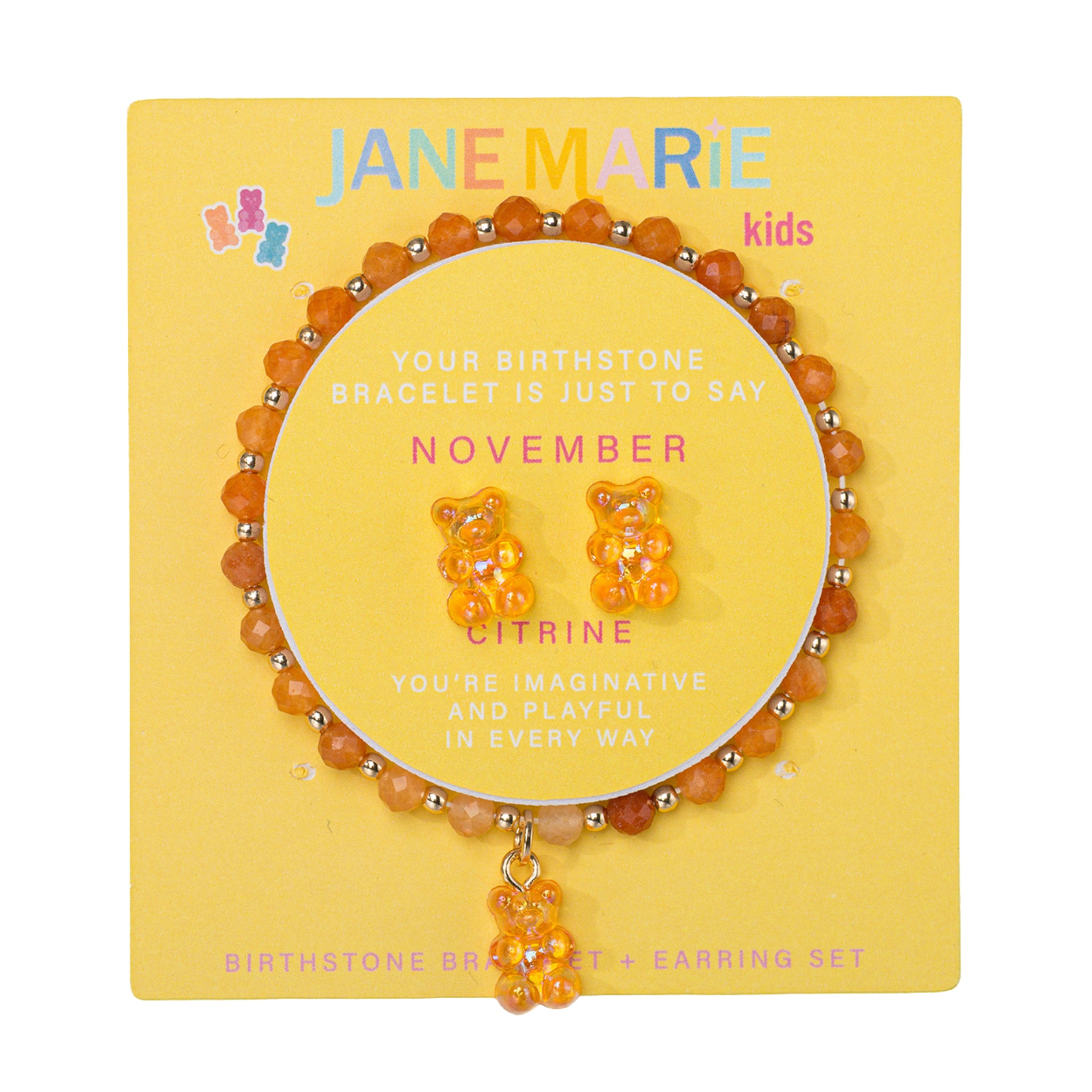 Kids Citrine Faceted Beaded Bracelet, Stud "November" Birthstone Bear Set
