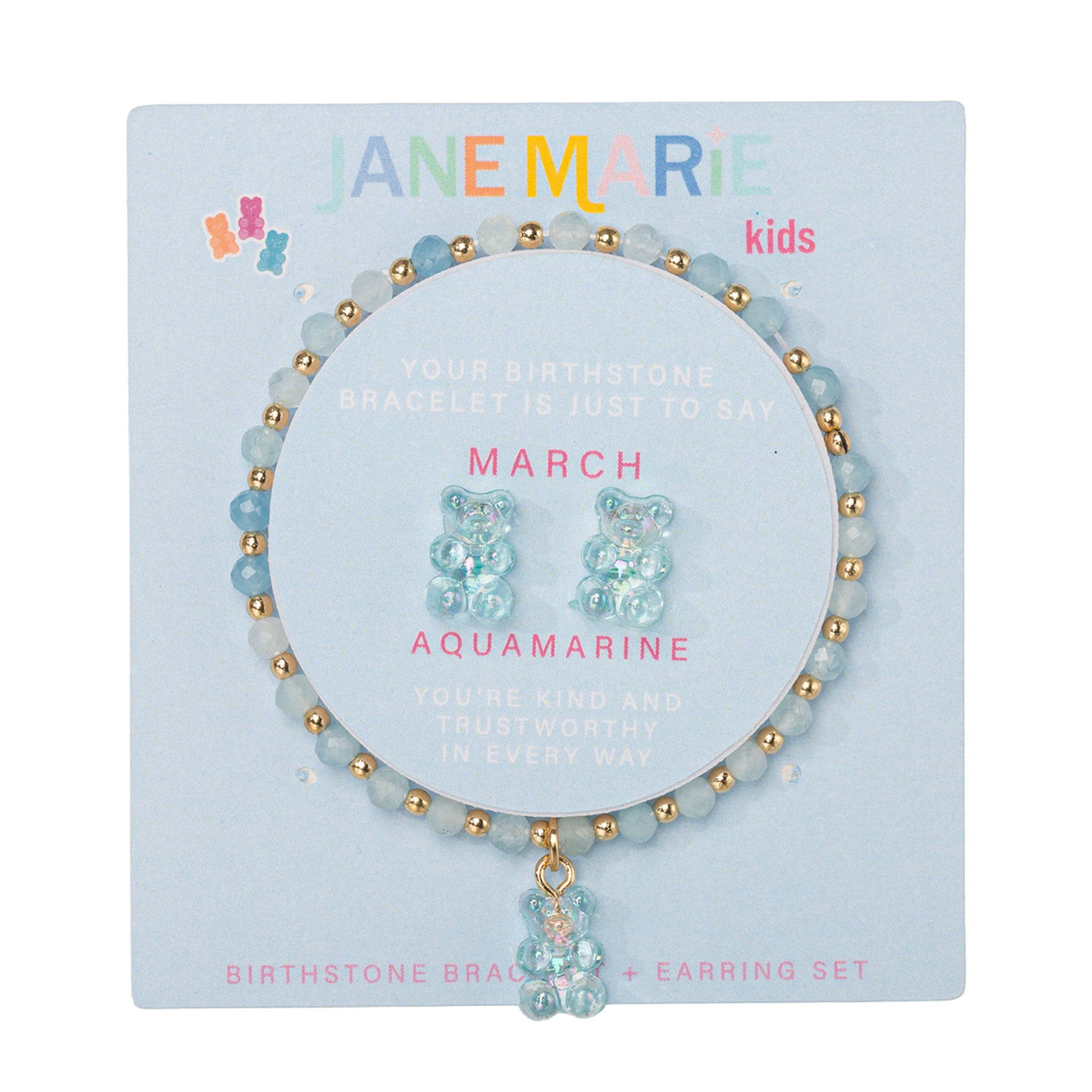 Kids Aquamarine Faceted Beaded Bracelet, Stud "March" Birthstone Bear Set