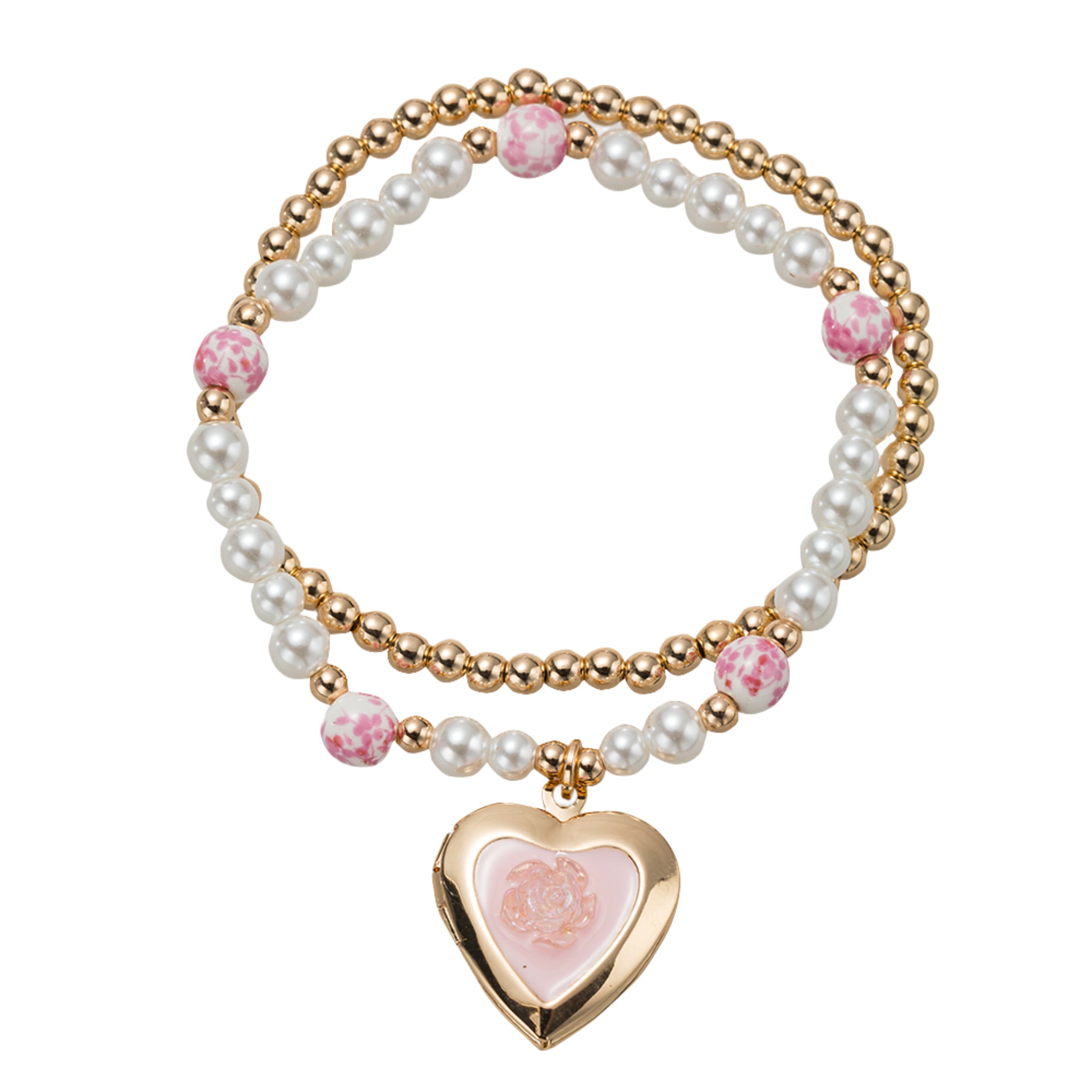 Kids Pearl, Set of 2 Beaded Stretch Bracelet with Gold, Pink Locket