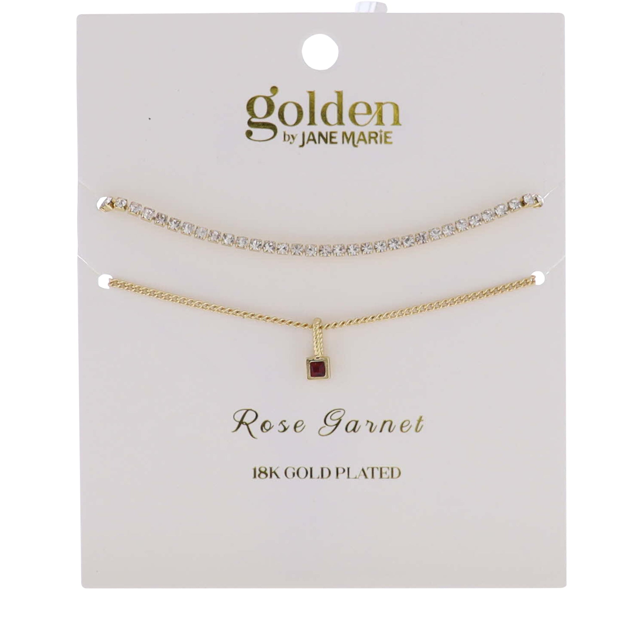 18k Gold Plated Crystal, Link Chain 2 Strand, January Rose Garnet Pendant Bracelet