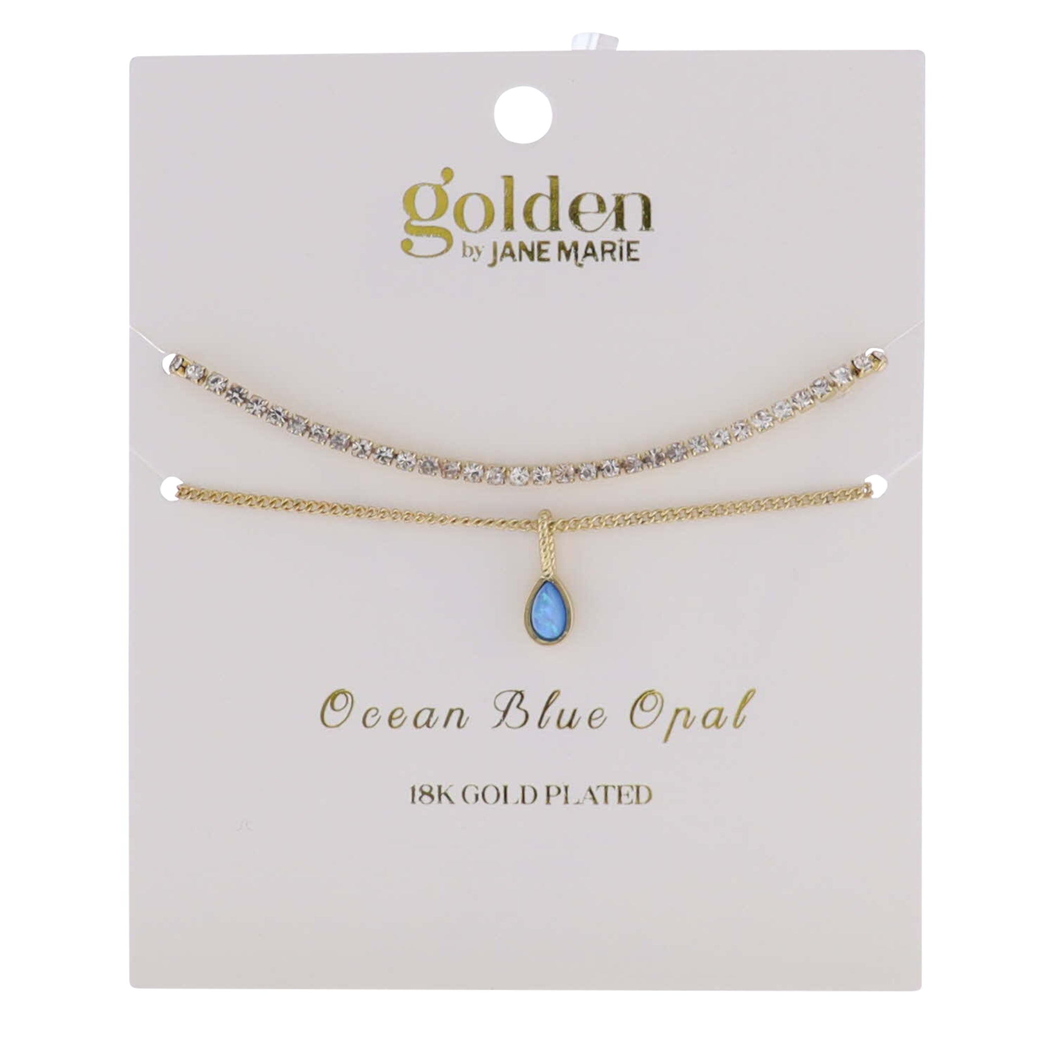 18k Gold Plated Crystal, Link Chain 2 Strand, December Ocean Blue Opal Pendant Bracelet