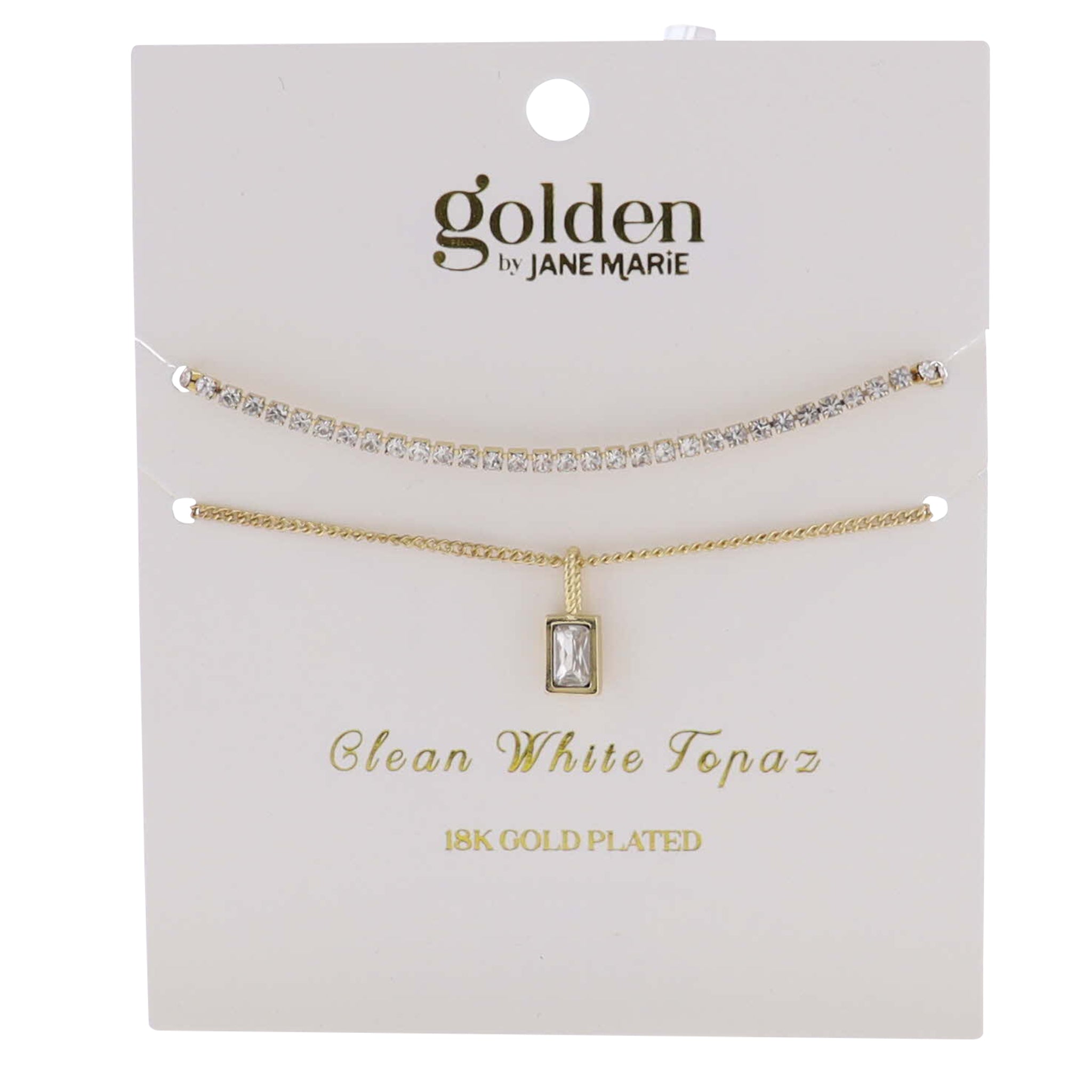 18k Gold Plated Crystal, Link Chain 2 Strand, April Clean White Topaz Pendant Bracelet