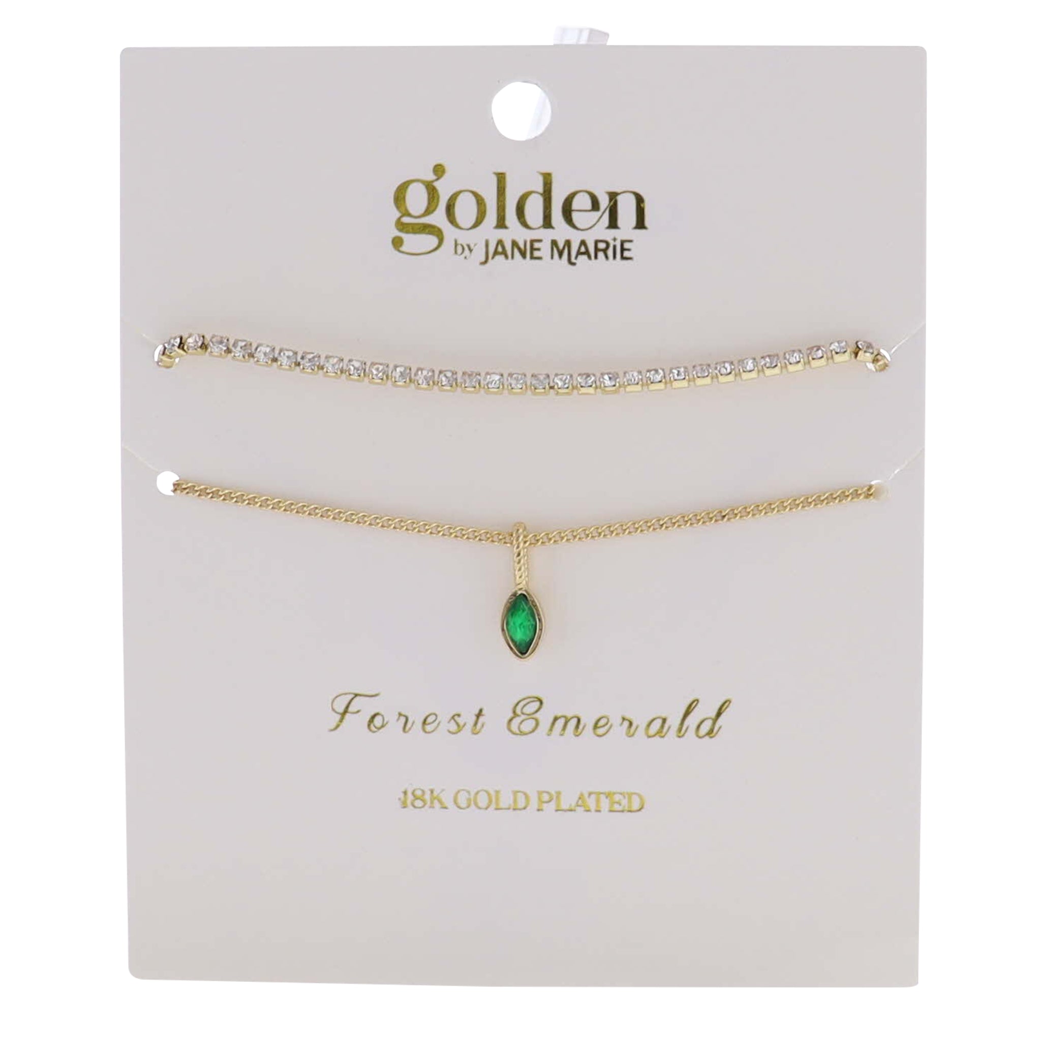18k Gold Plated Crystal, Link Chain 2 Strand, May Forest Emerald Pendant Bracelet