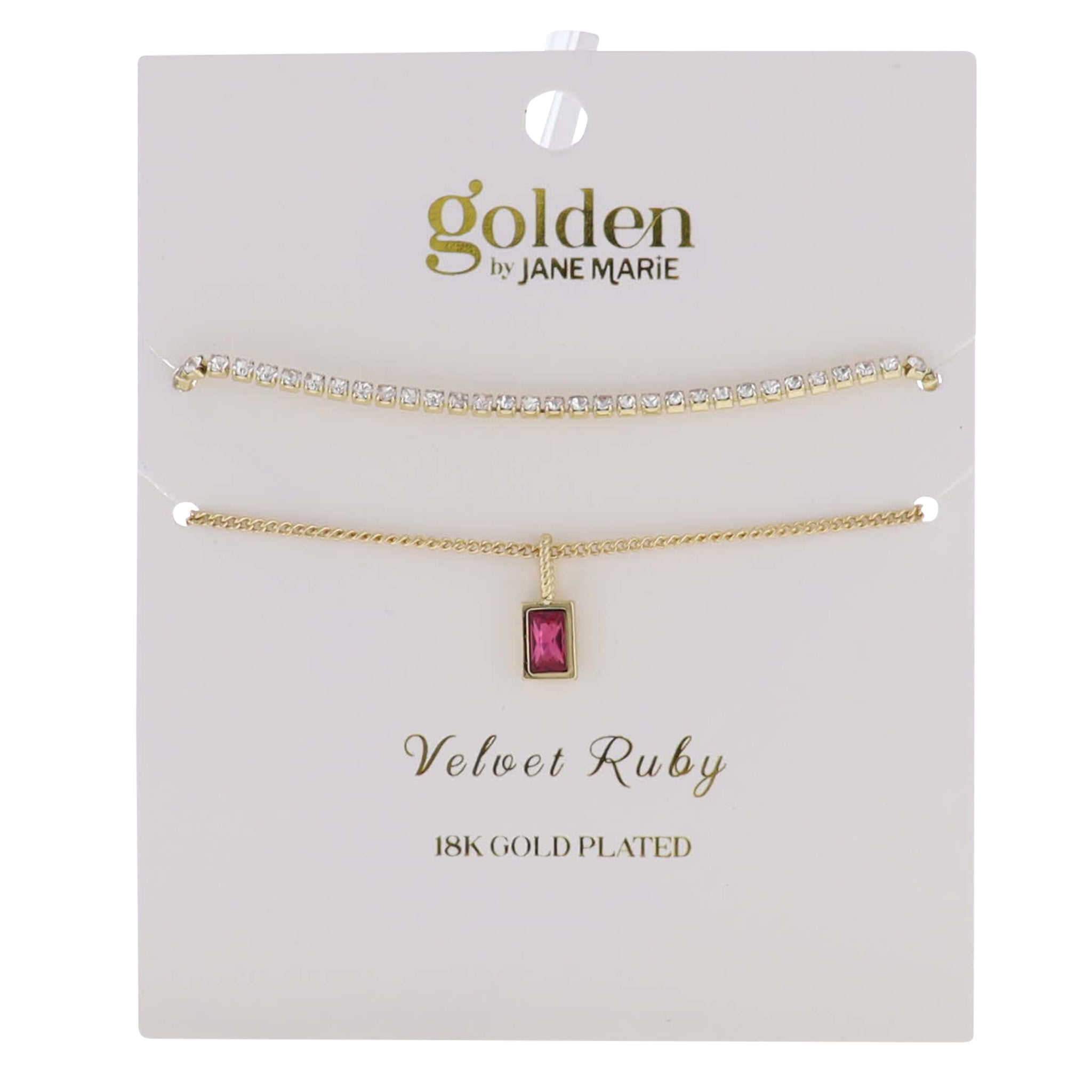 18k Gold Plated Crystal, Link Chain 2 Strand, July Velvet Ruby Pendant Bracelet