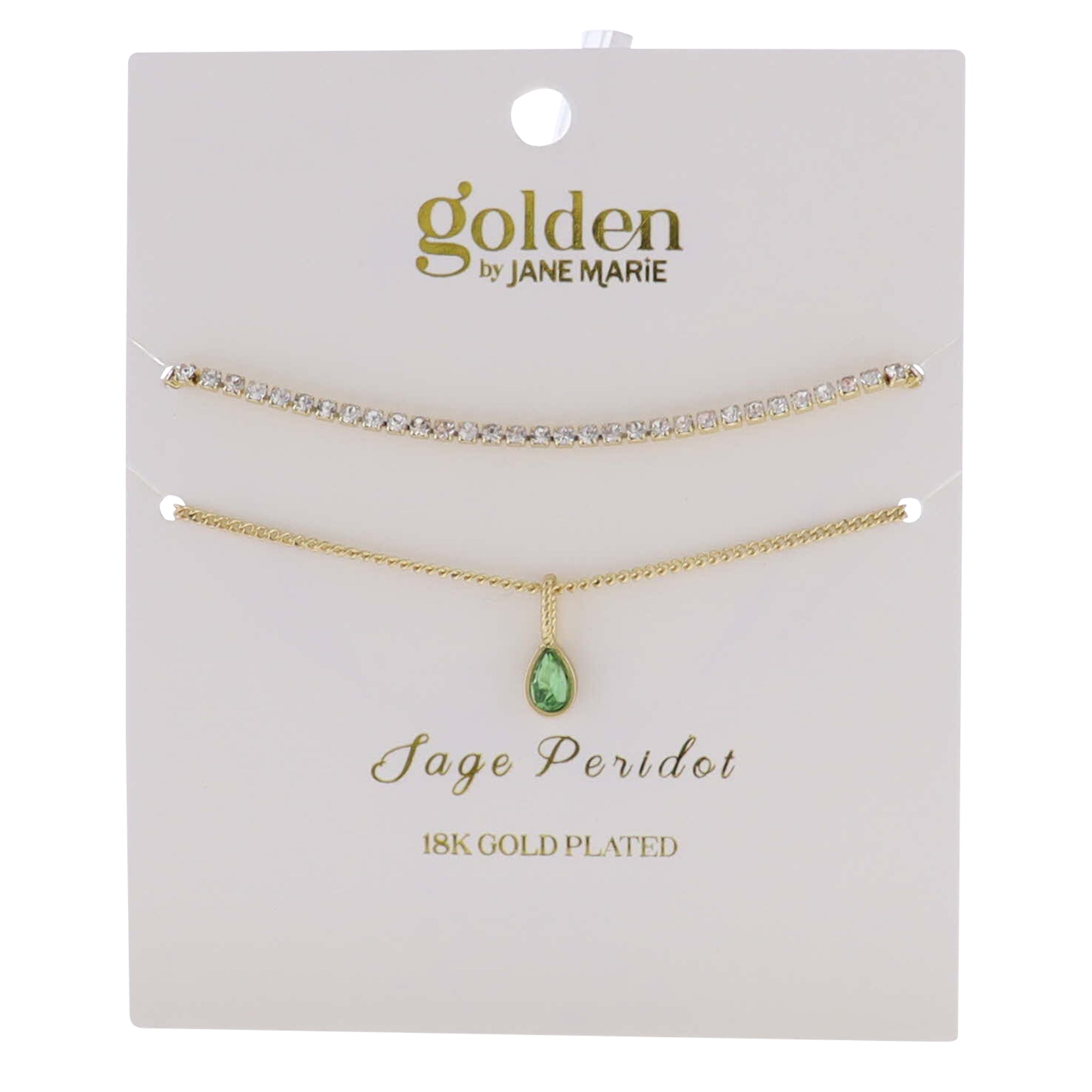 18k Gold Plated Crystal, Link Chain 2 Strand, August Sage Peridot Pendant Bracelet