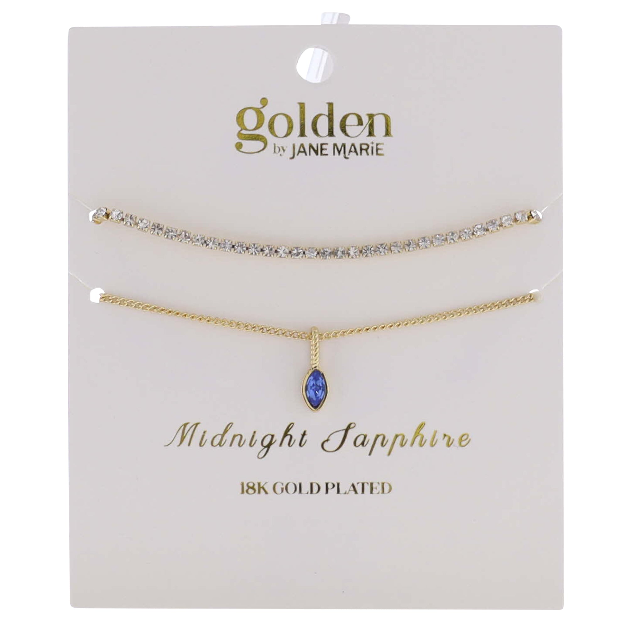 18k Gold Plated Crystal, Link Chain 2 Strand, September Midnight Sapphire Pendant Bracelet