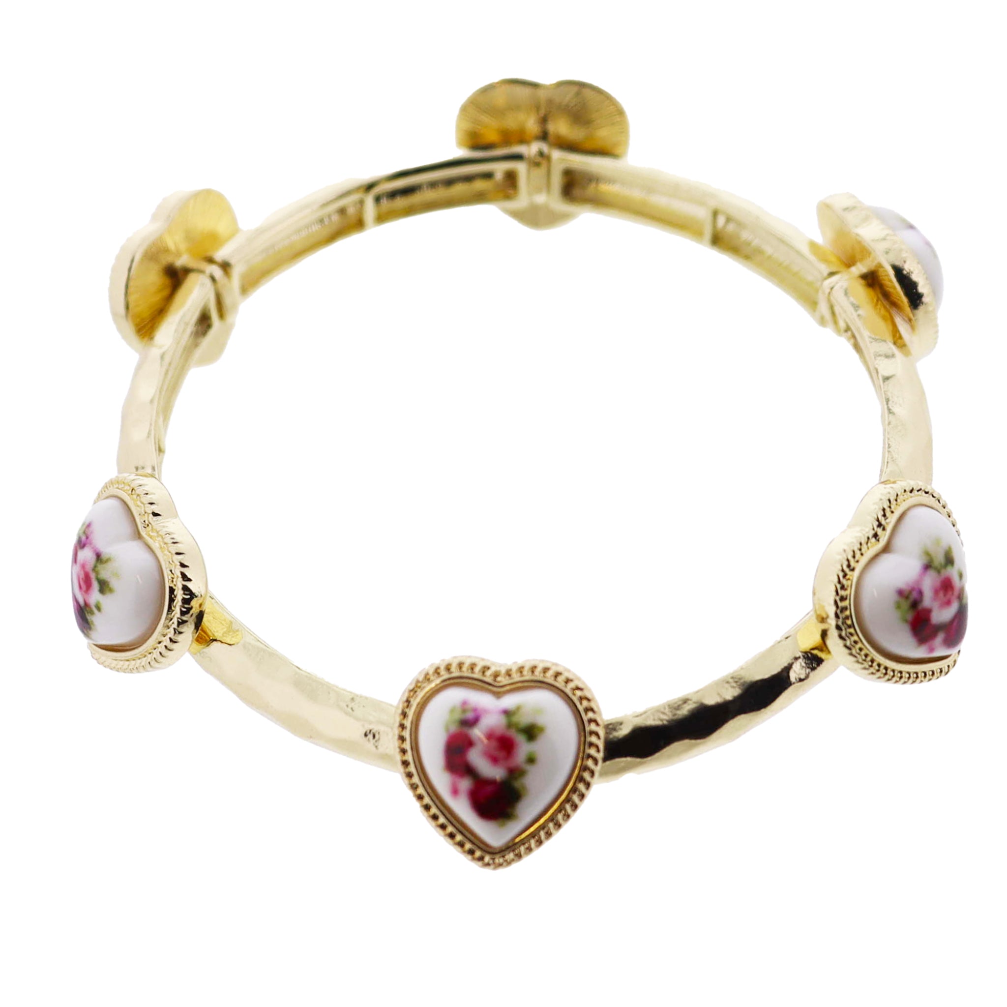Gold Hammered Stretch Bangle Bracelet with Floral Heart Stations