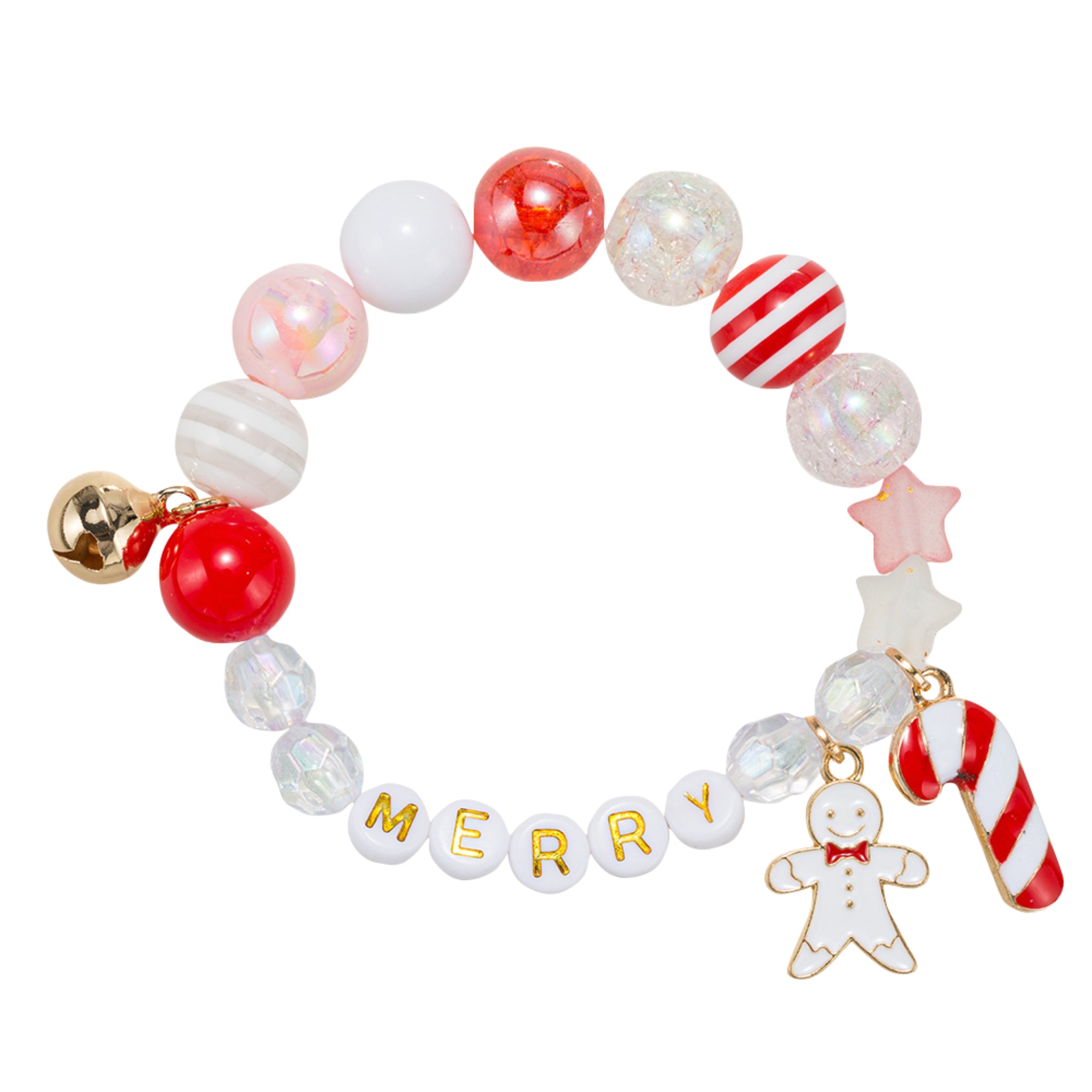Kids Striped Pink Large Beaded Stretch Bracelet with Gingerbread Man, Candy Cane, Bell & Merry