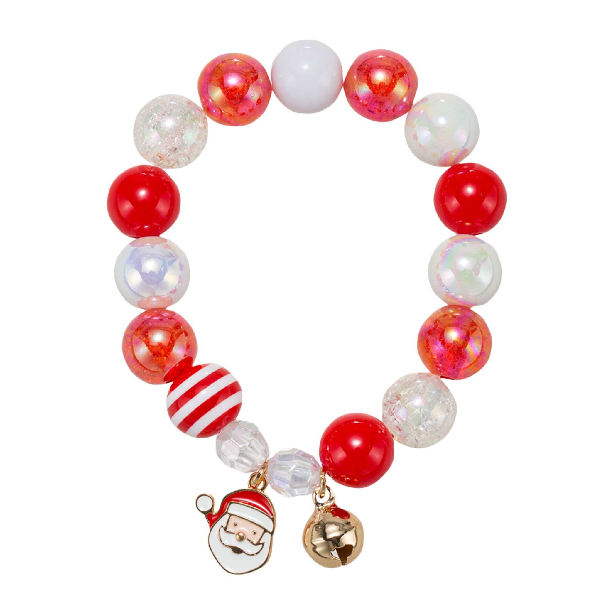 Kids Red, White, Clear, Striped Large Beaded Stretch Bracelet with Santa, Bell