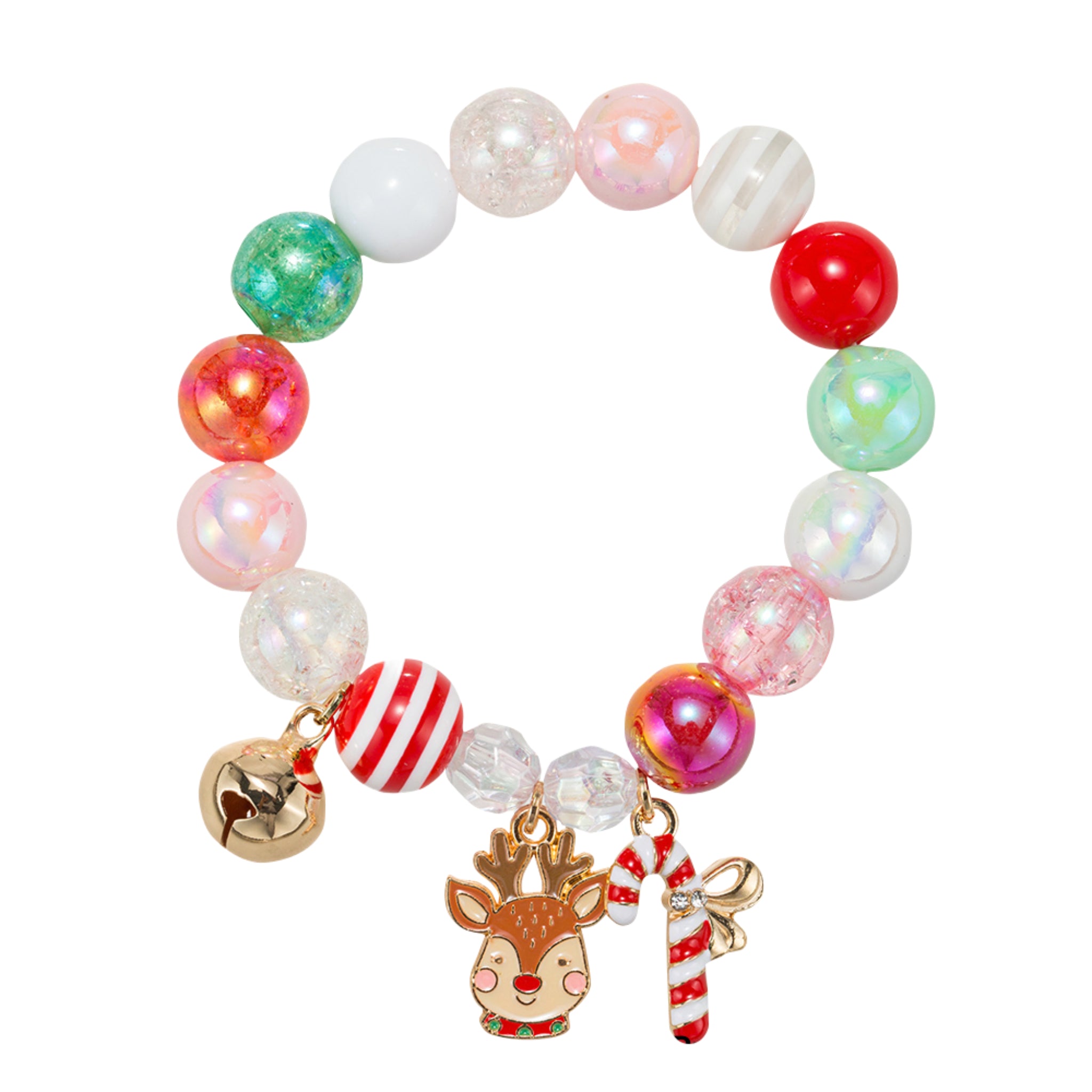 Kids Red, Green, White, Pink, Striped Large Beaded Bracelet with Bell, Reindeer, Candy Cane