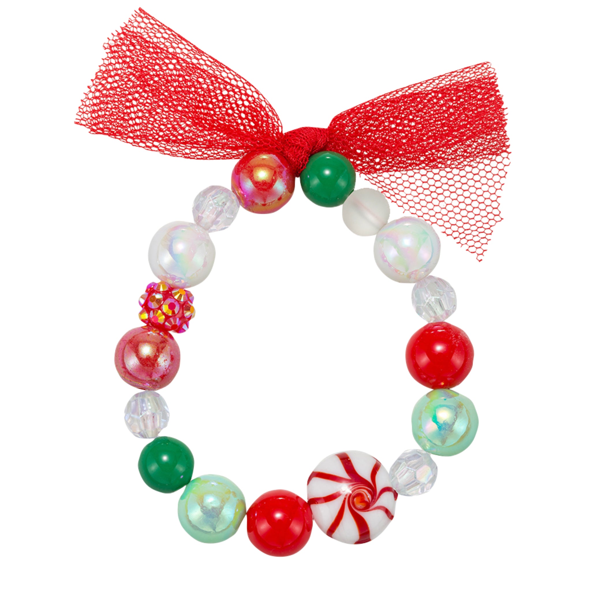 Kids Green, Red, White, Clear Large Beaded Stretch Bracelet with Peppermint