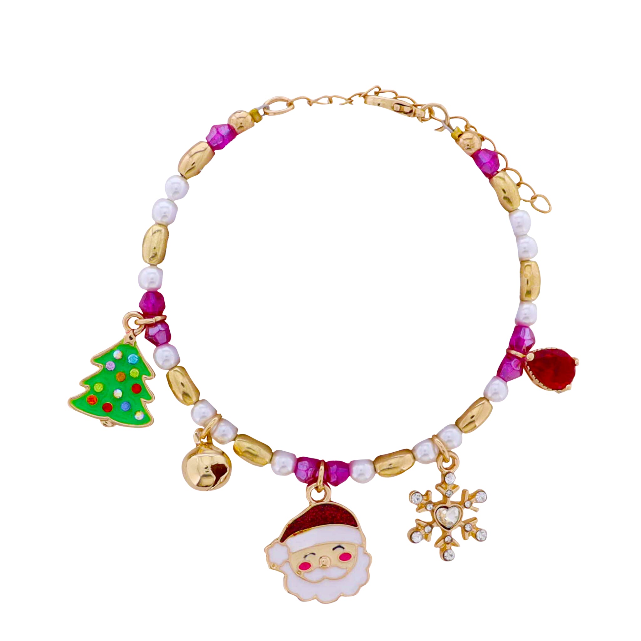 Kids Pink, Pearl, Gold Beaded Bracelet with Christmas Tree, Santa, Snowflake Charms