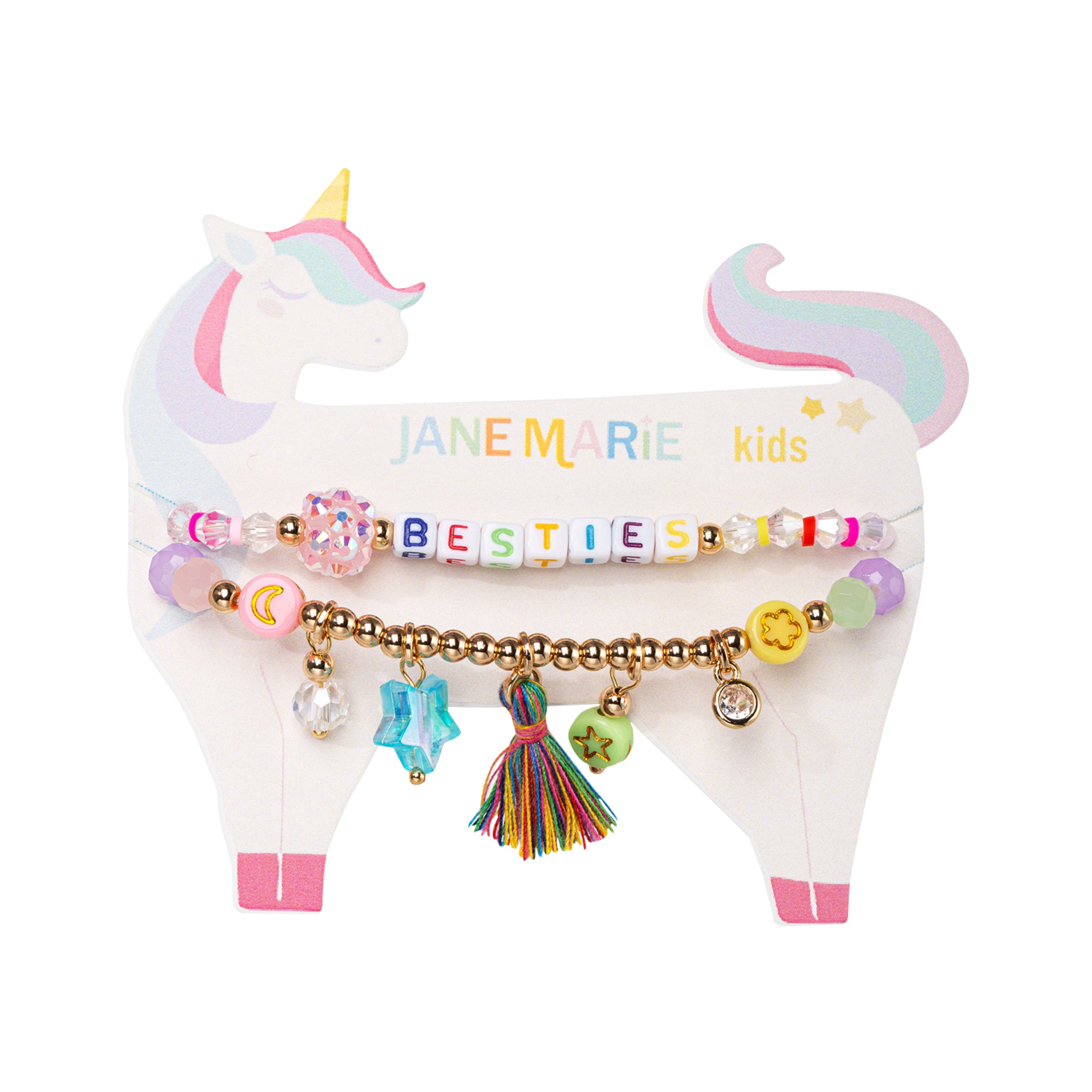 Kids Set of 2, Multi Charm Beaded Stretch Bracelet with "Besties"