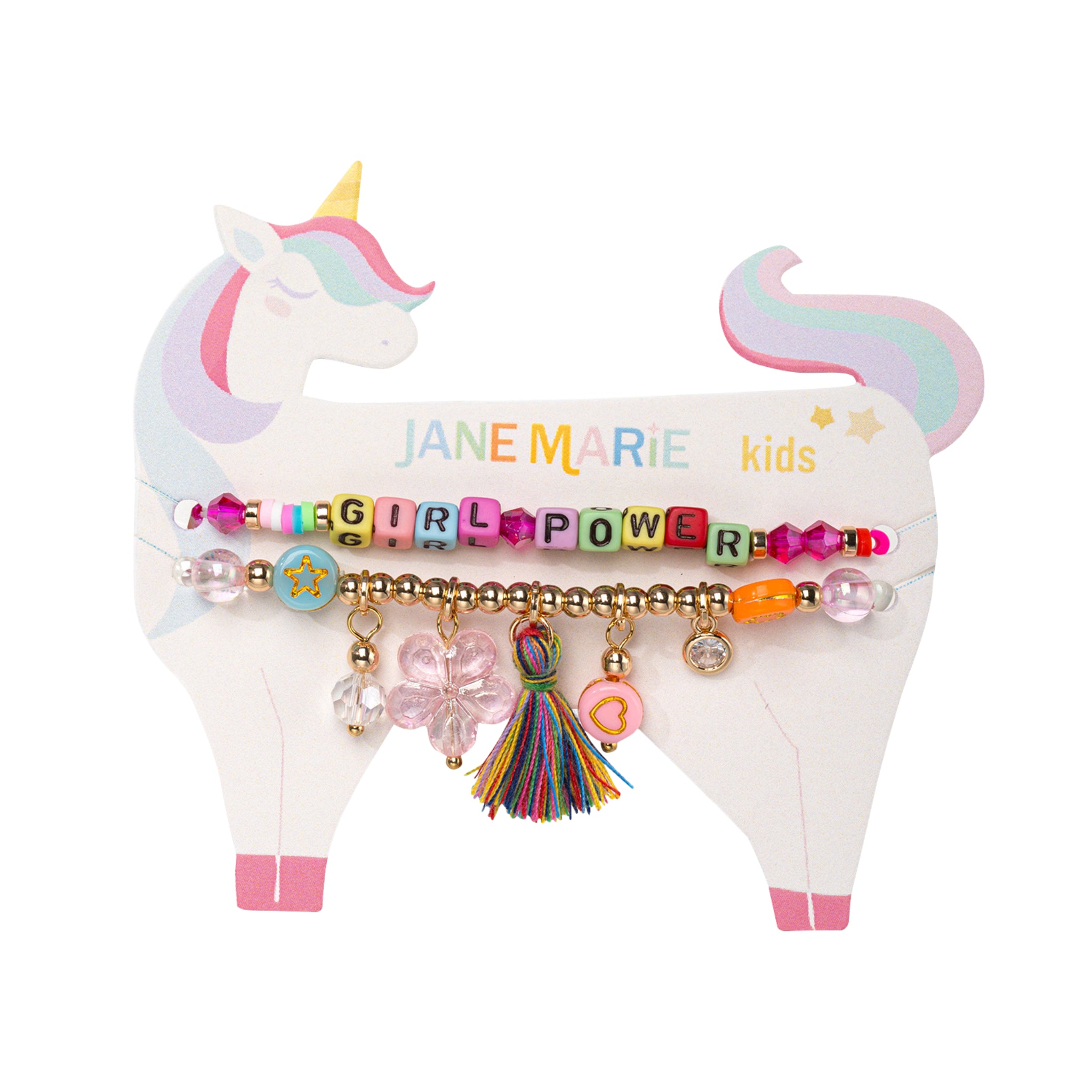 Kids Set of 2, Multi Charm Beaded Stretch Bracelet with "Girl Power"