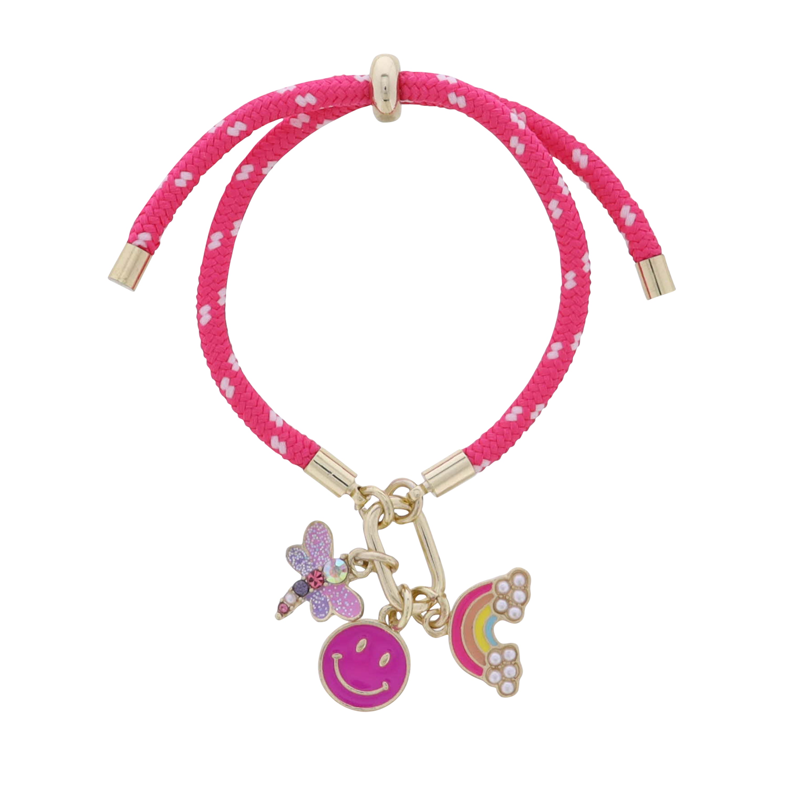 Kids Hot Pink, White Paracord Rope Bracelet Gold Carabiner Smiley Face, Rainbow, Dragon Fly Charms