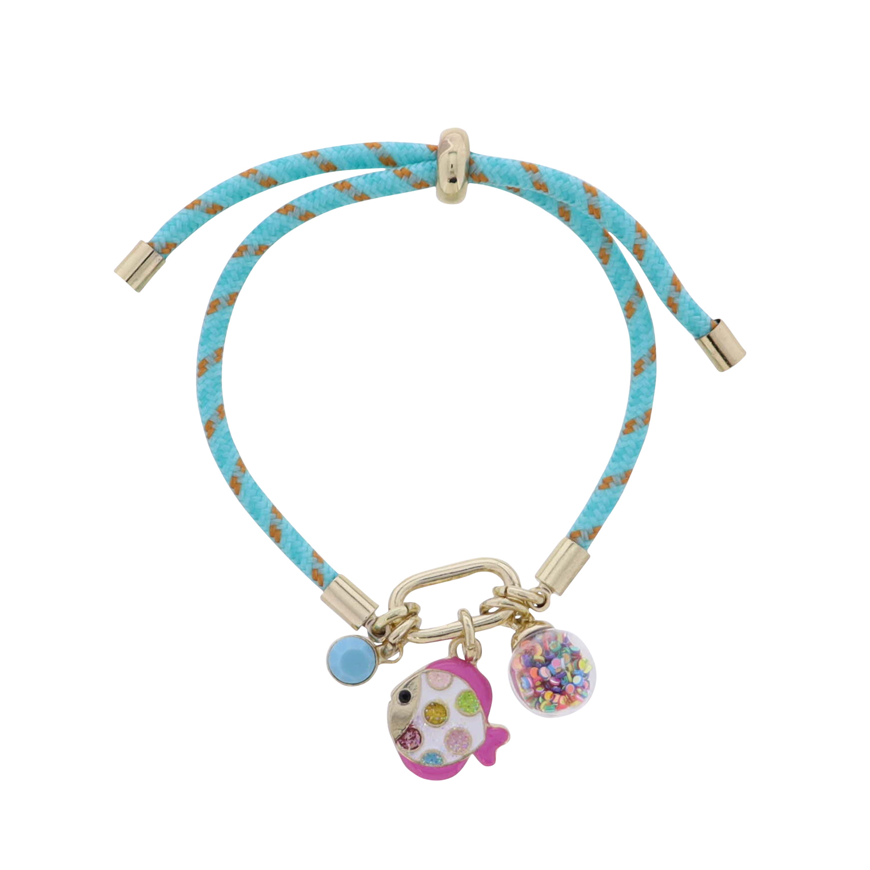 Kids Turquoise, Orange Paracord Rope Bracelet Gold Carabiner Fish, Multi Confetti Globe Charms