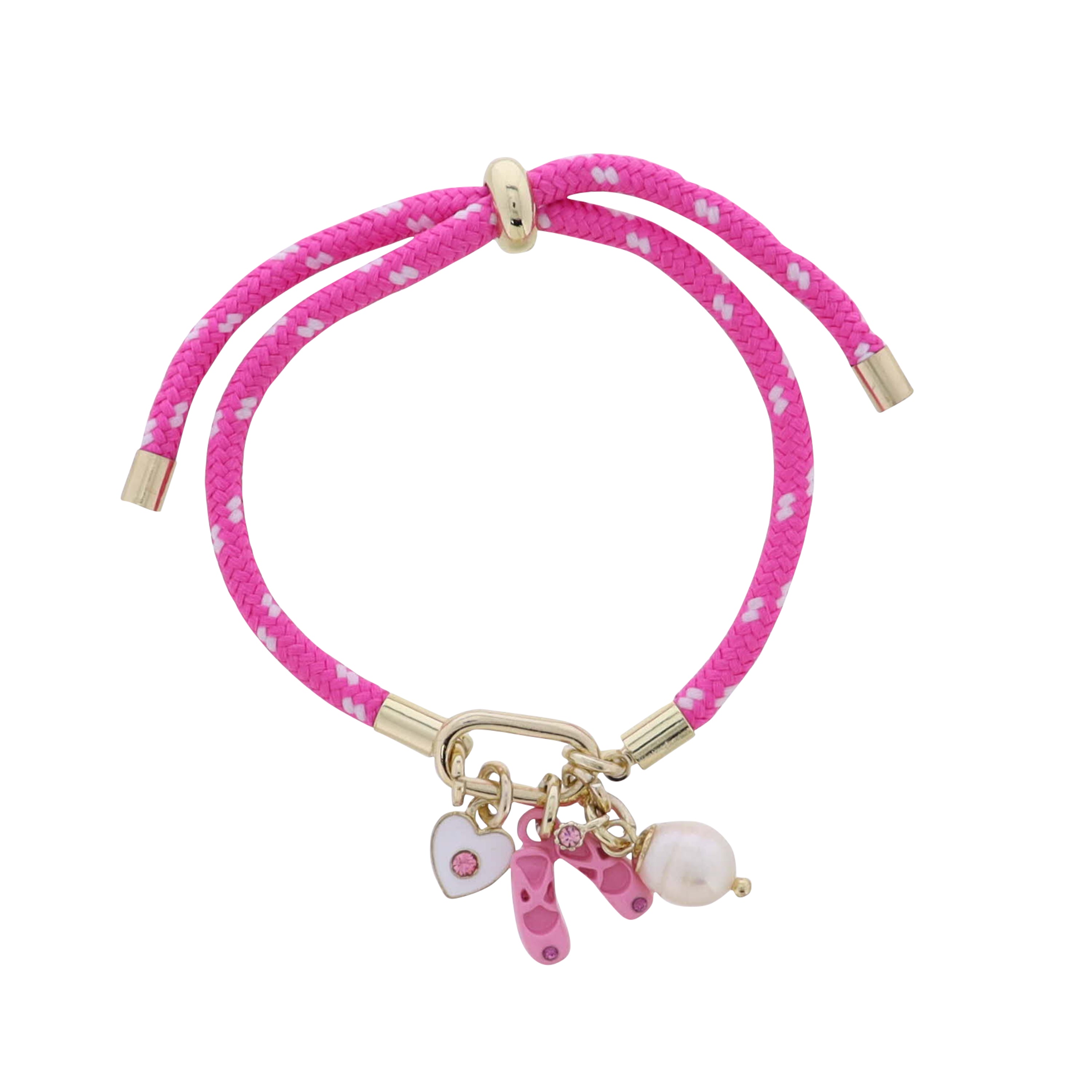 Kids Fuschia, White Paracord Rope Bracelet Gold Carabiner Ballet Slippers, Heart, Pearl Charms