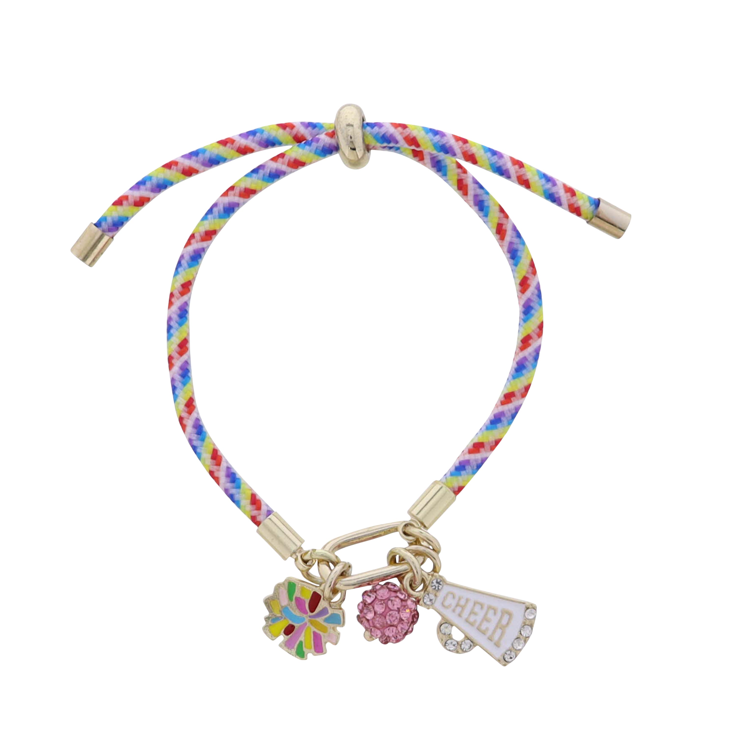Kids Multi Paracord Rope Bracelet Gold Carabiner Pom Pom, Megaphone, Crystal Ball Charms