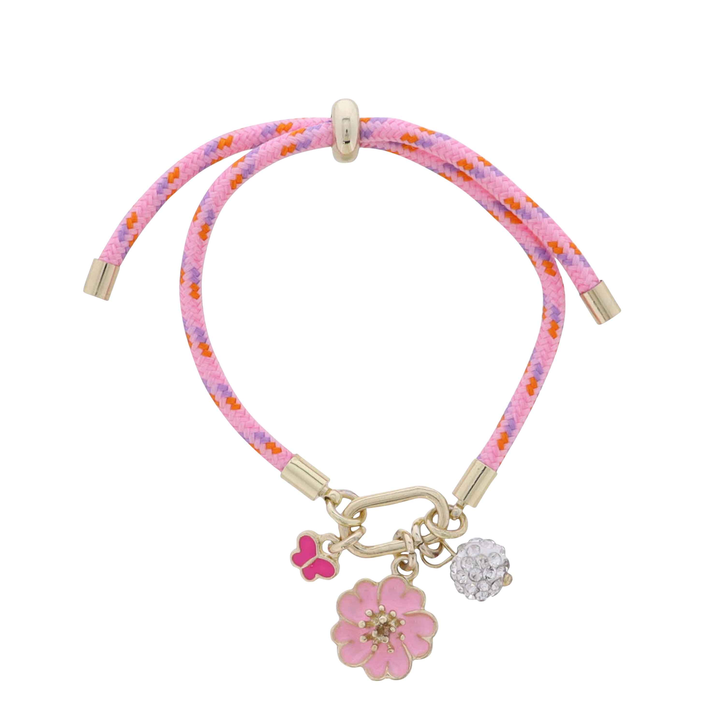 Kids Pink, Orange, Lavender Paracord Rope Bracelet Carabiner Butterfly, Flower, Crystal Ball Charms
