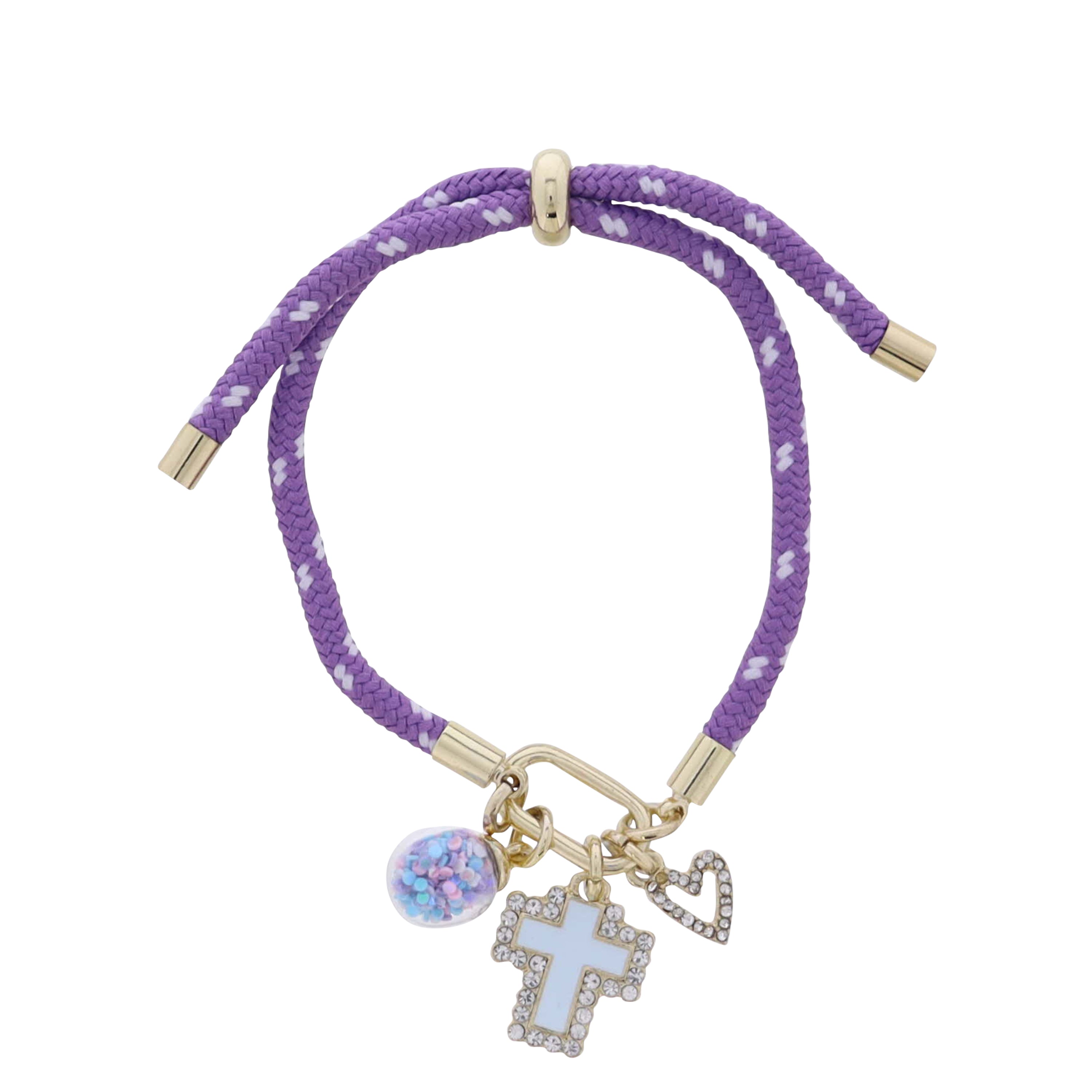 Kids Purple, White Paracord Rope Bracelet Carabiner White Cross, Confetti Globe, Heart Charms