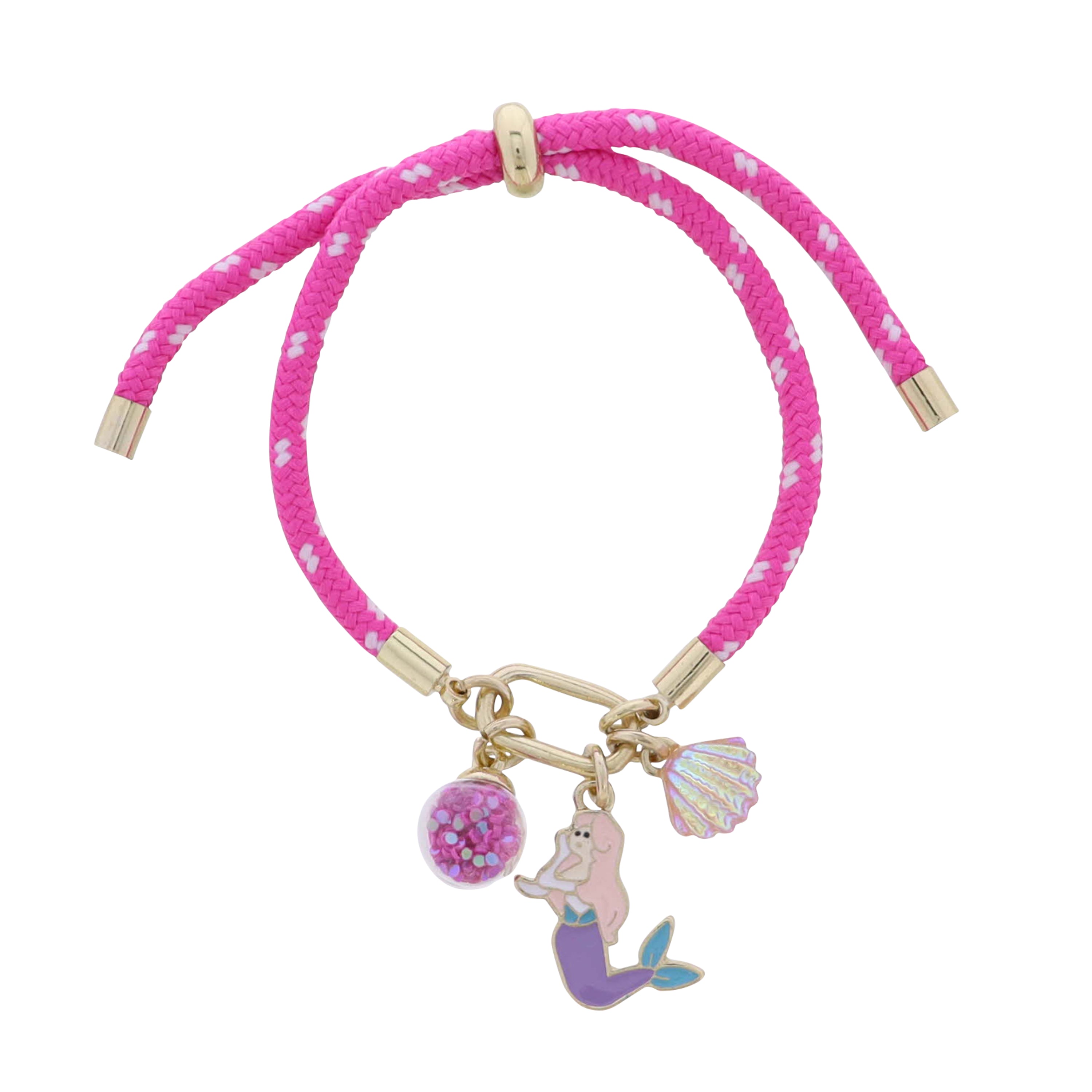 Kids Fushchia, White Paracord Rope Bracelet Carabiner Mermaid, SHell, Pink Confetti Globe Charms