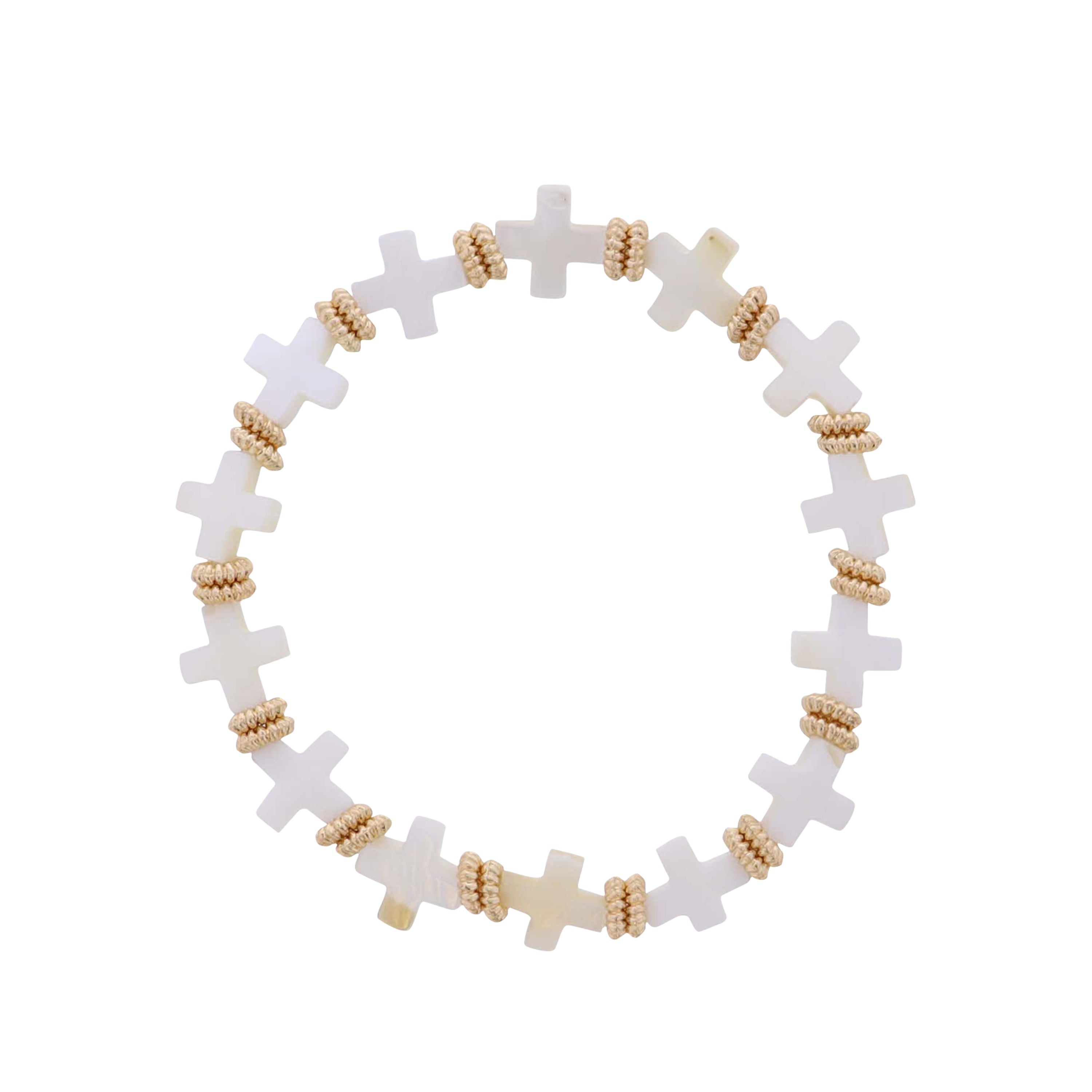 White Cross Beaded Stretch Bracelet with Gold Spacers
