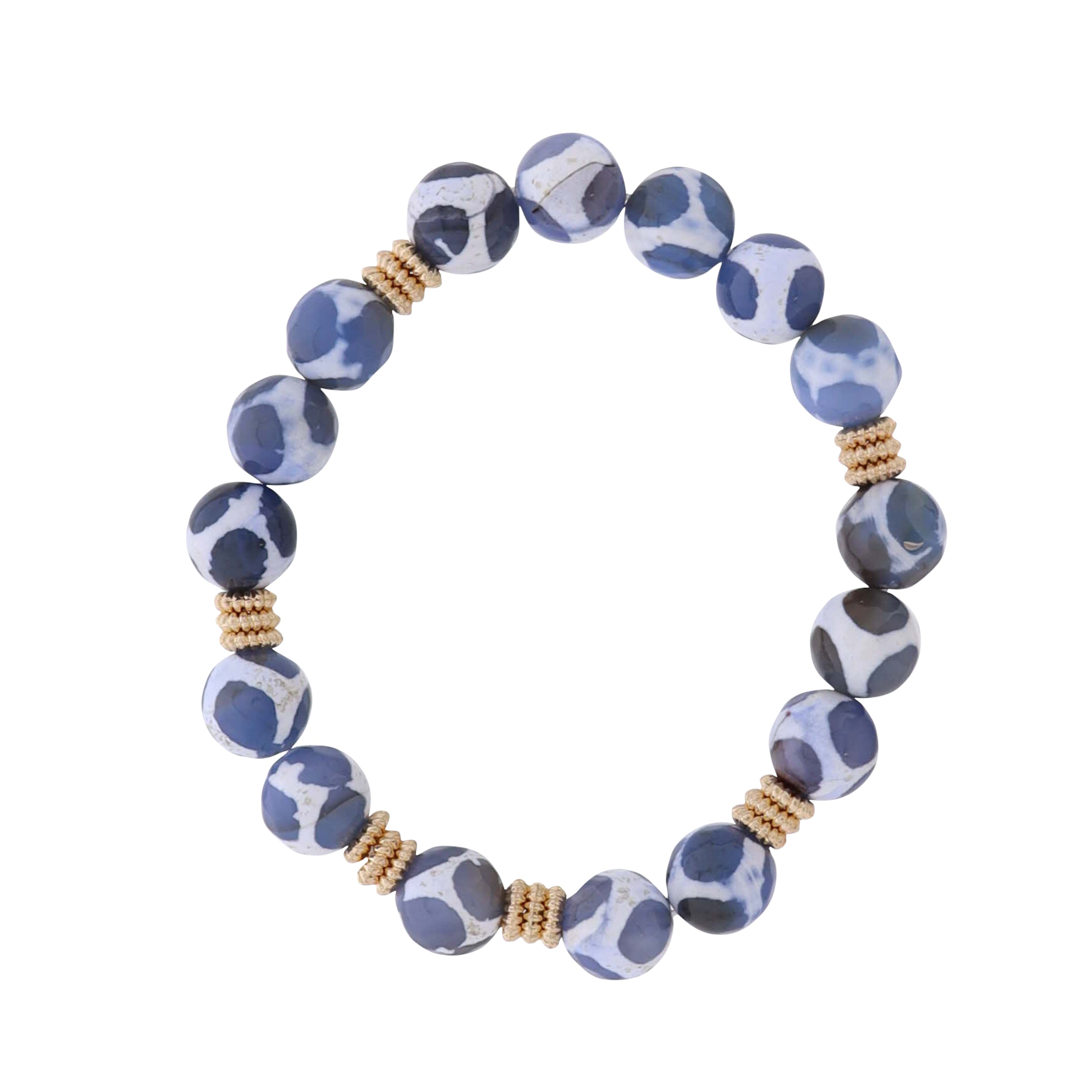 Blue, White Semi Precious Beaded Stretch Bracelet with Gold Studded Spacers